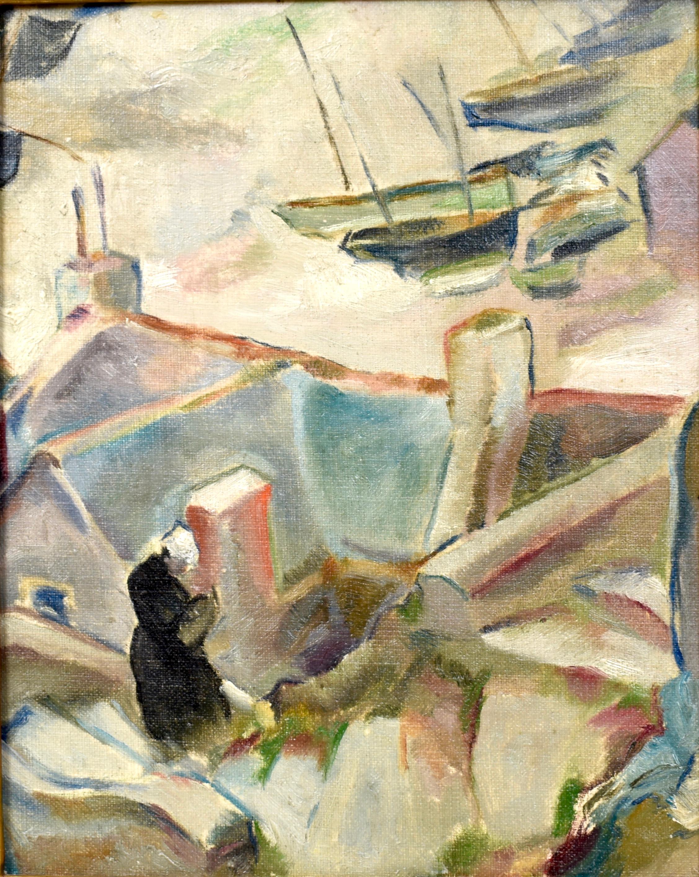 Modern abstract harbor view.  Paris School.  Oil on board, circa 1920.  Unsigned.  Displayed in a giltwood frame.  Image size, 8.5