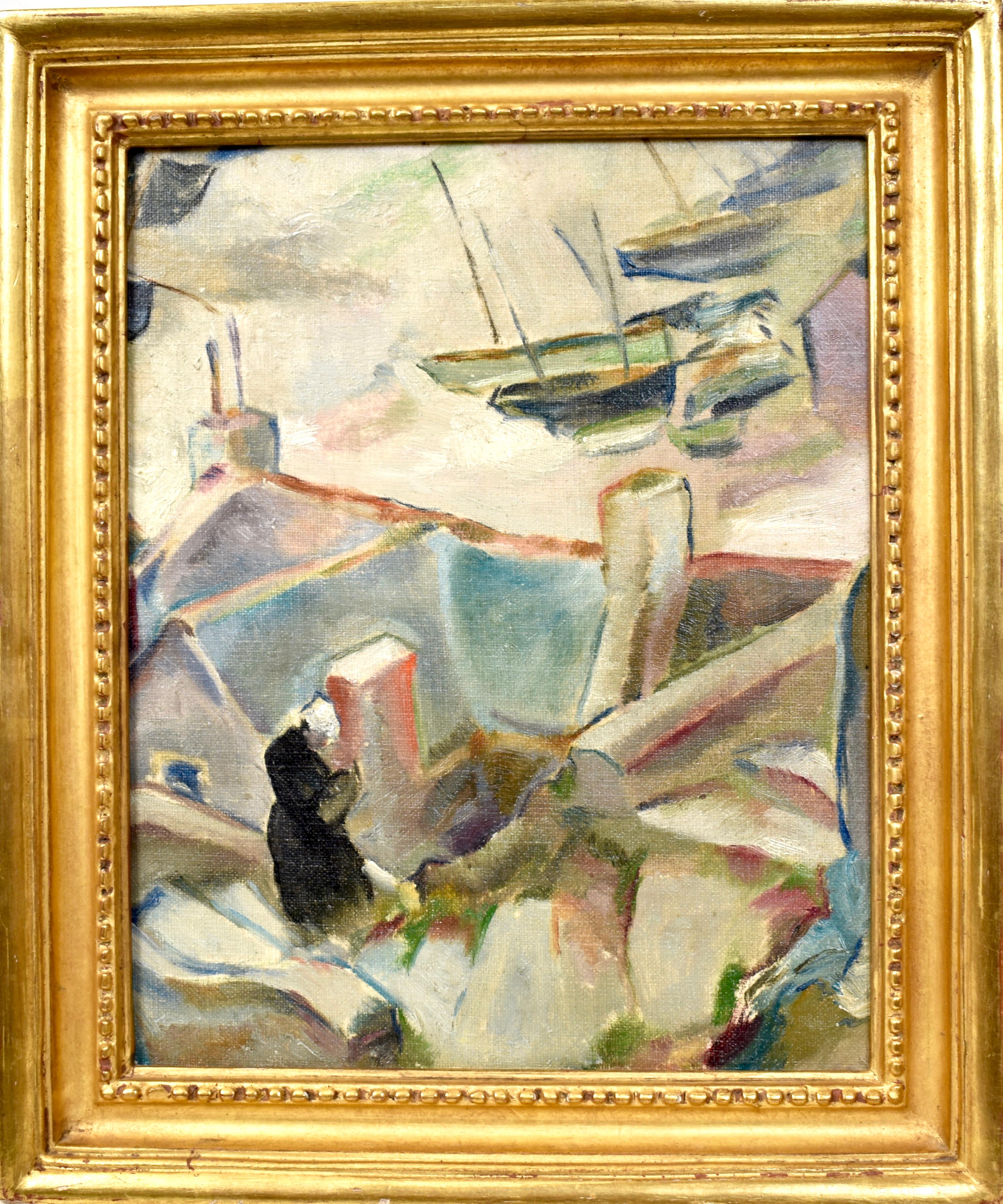 Unknown Abstract Painting – Paris Modern Cubist Abstracted Harbor View Original Antique Oil Painting
