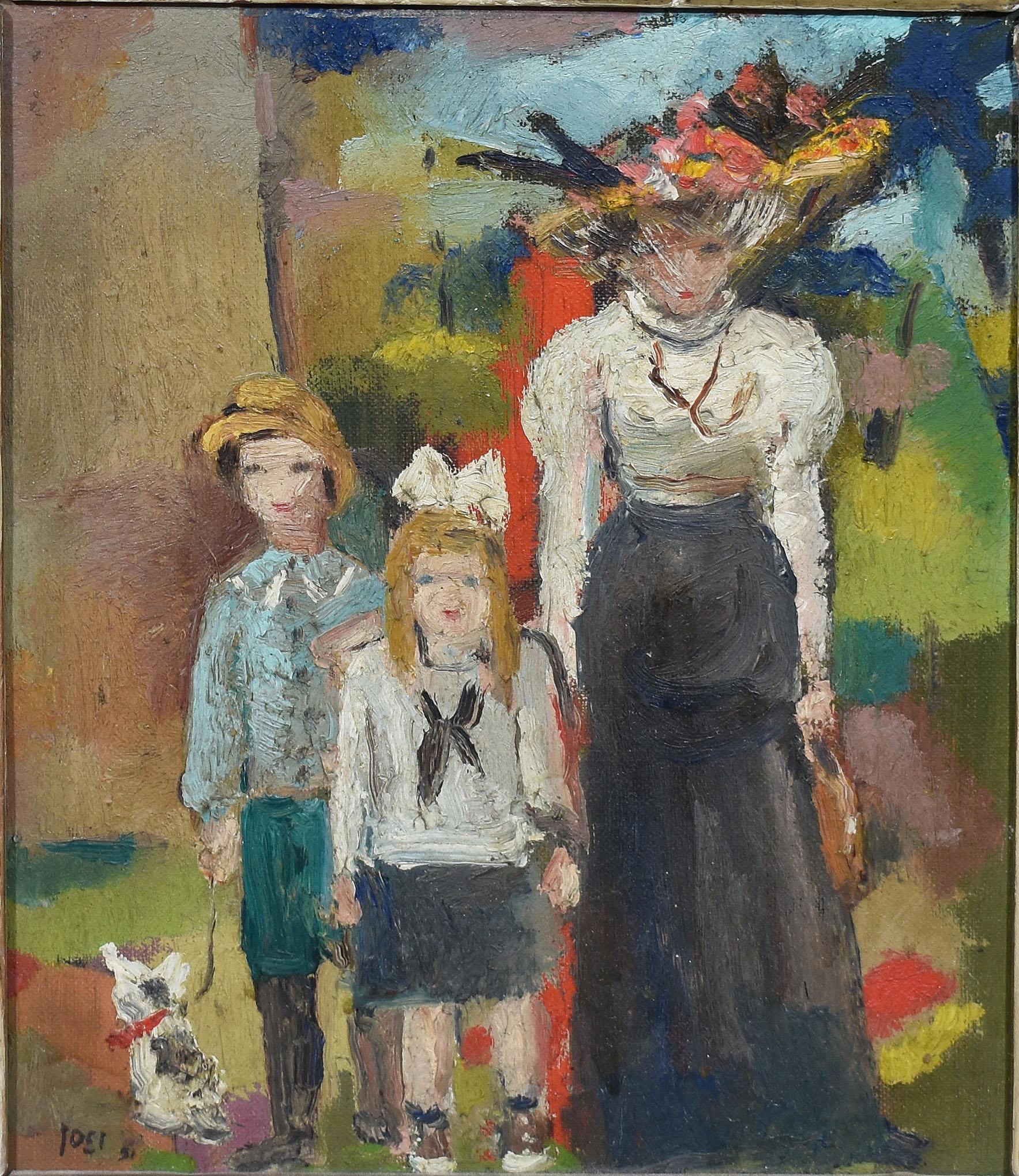 Modernist view of a family.  Oil on board, circa 1950.  Signed illegibly.  Displayed in a modernist wood frame.  Image size, 8