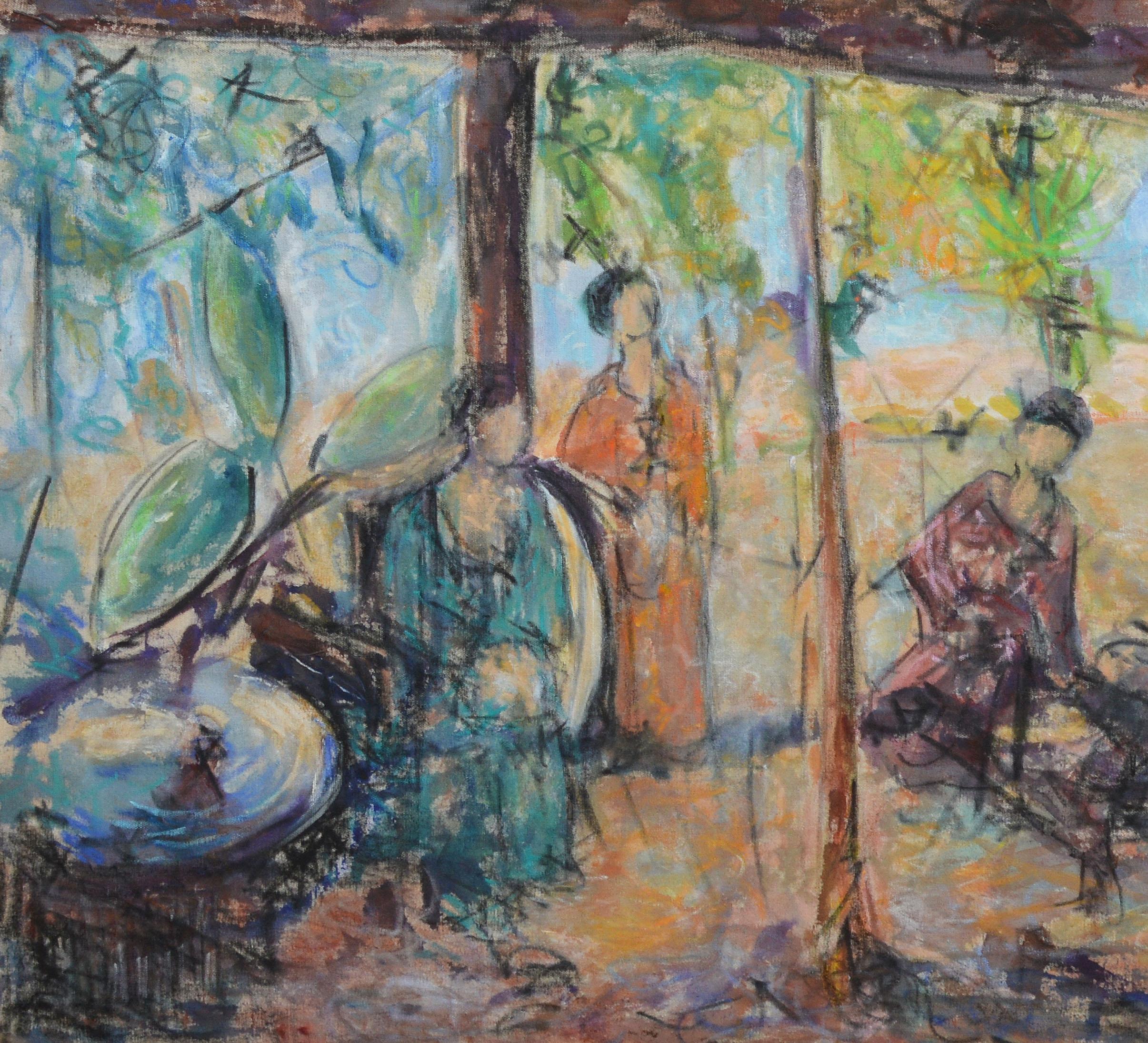 Modernist view of women on a terrace.  Oil, crayon, and pastel on canvas.  Displayed in a giltwood impressionist frame.  Unsigned.  Image size, 24