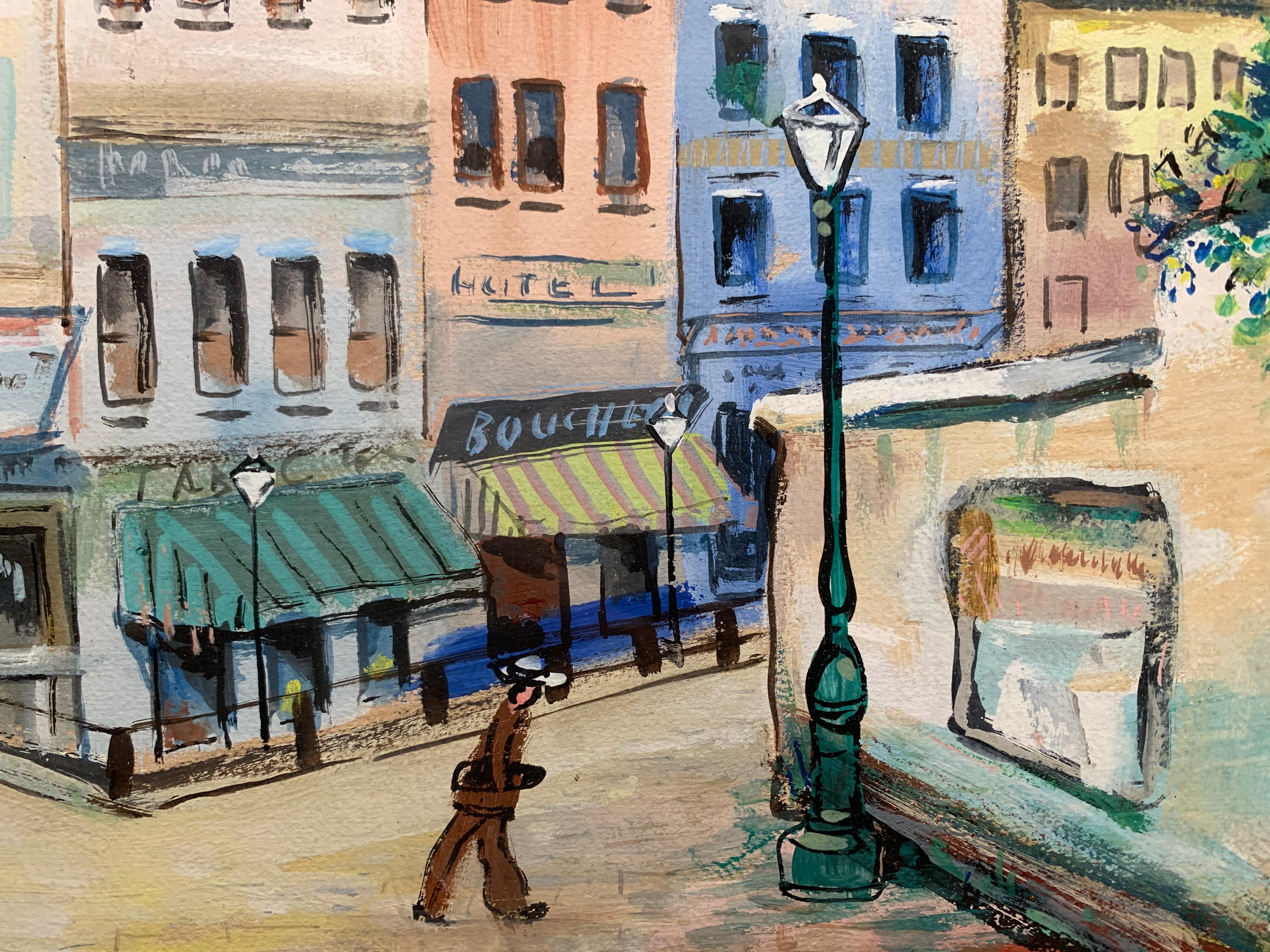 Beautiful Paris street scene signed Jabu. Montmartre, ca. 1950. Gouache on paper mounted to illustration board. Image measures 21 x 29 inches. Original matting and frame. Framed measurement: 31 x 39 inches. Frame displays some scratches and wear