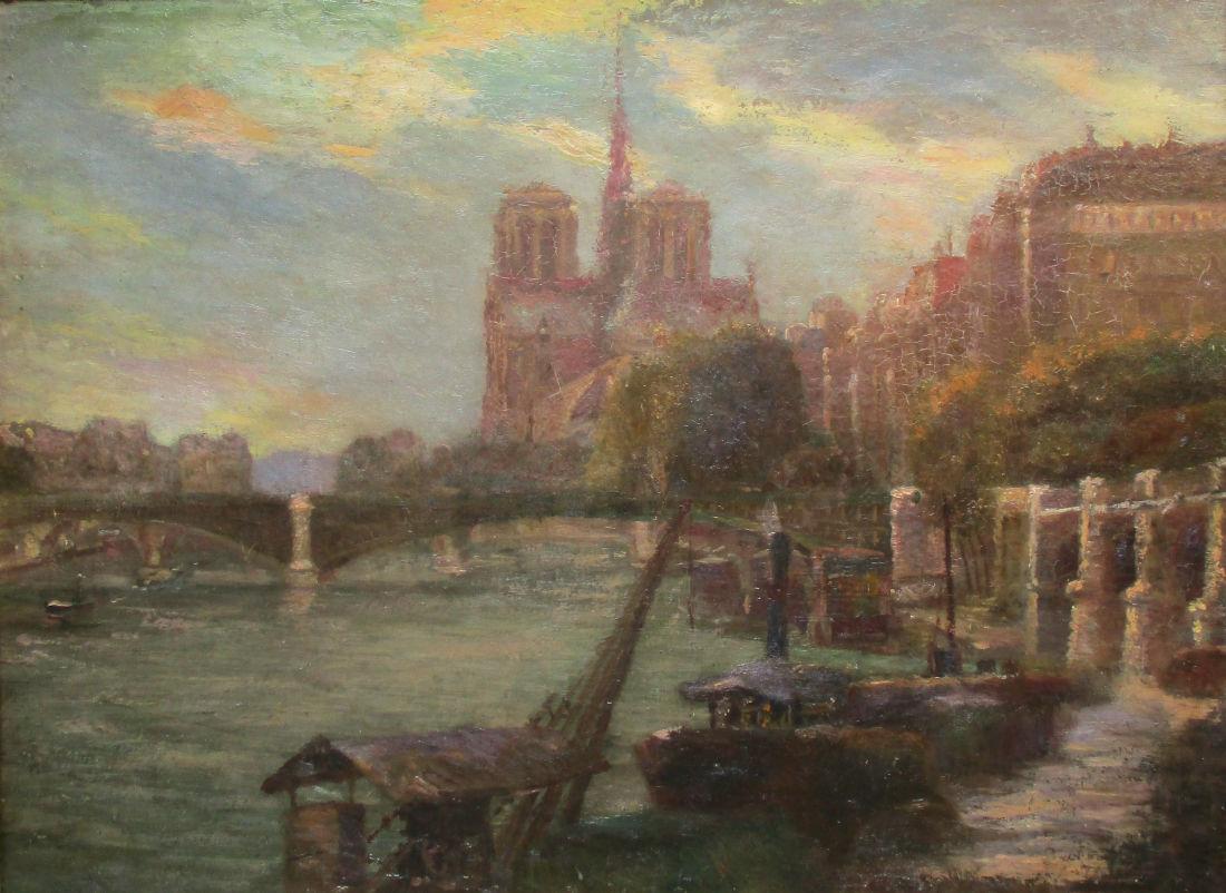 Paris Notre Dame Cathedral and the Seine in Summer evening light  - Impressionist Painting by Unknown