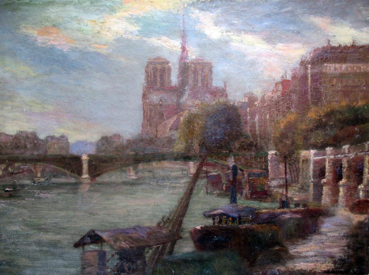 Unknown Landscape Painting - Paris Notre Dame Cathedral and the Seine in Summer evening light 