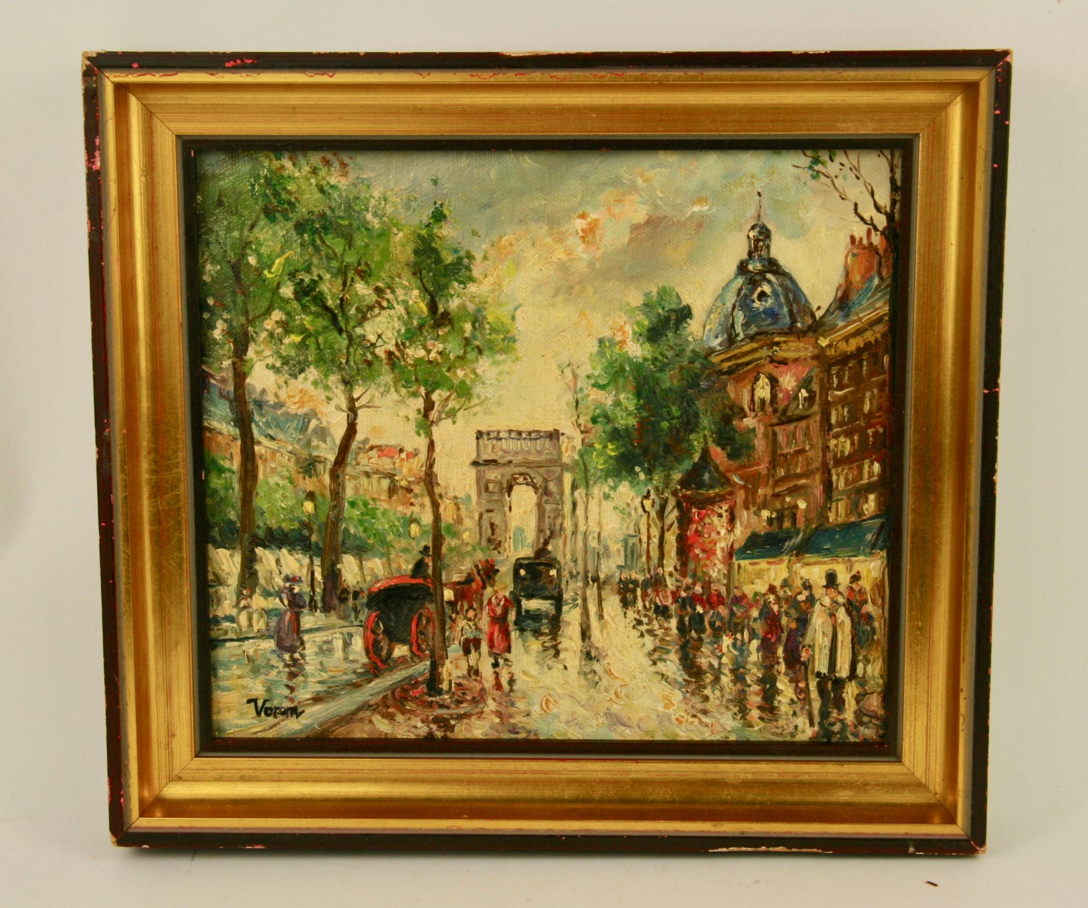 Impressionist Paris Street Scene Painting - Brown Landscape Painting by Unknown