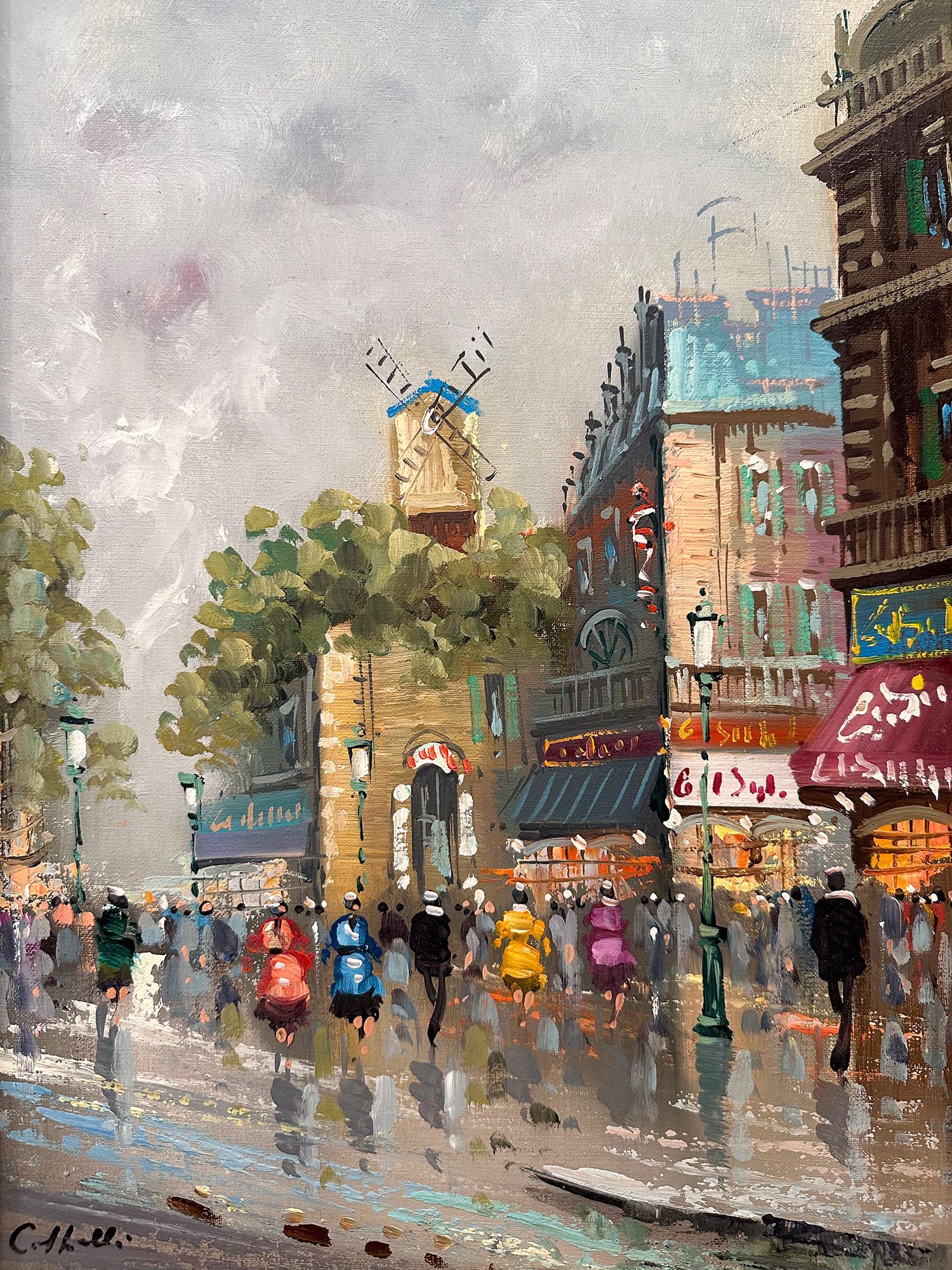 Peinture à l'huile sur toile post-impressionniste du 20e siècle - Scène de rue de café parisienne  - Painting de Unknown