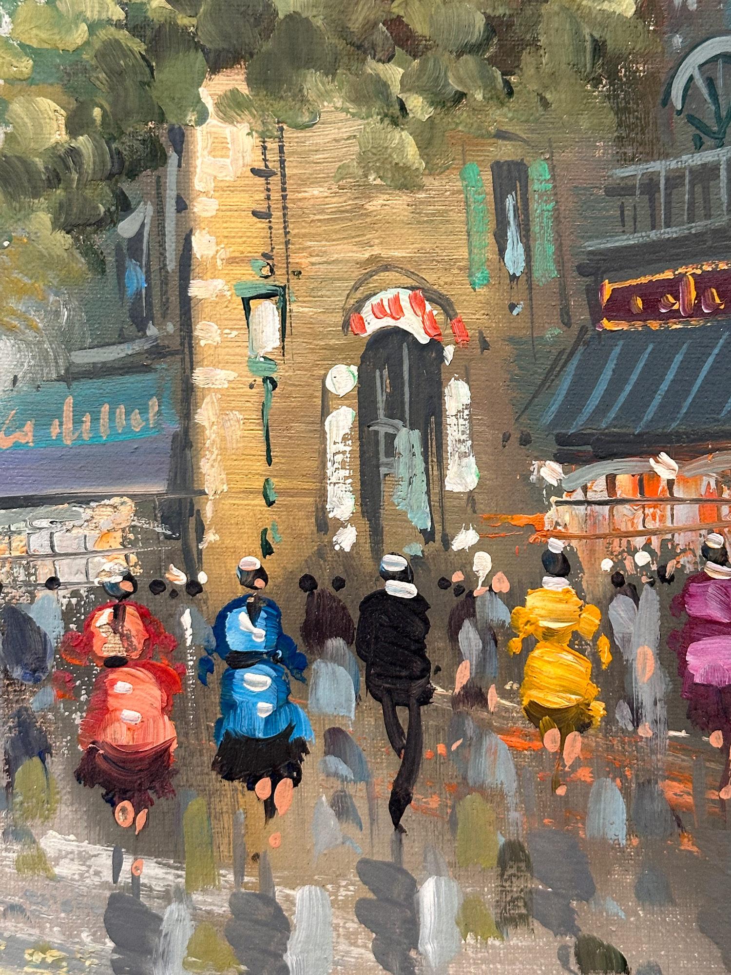 
In this piece, the artist depicts his subject in an abstract and impressionistic way, capturing the Cafés busy street scene with the moulin rouge portrayed in the distance. The artist mostly used oil with a pallet knife, with impasto paint, and