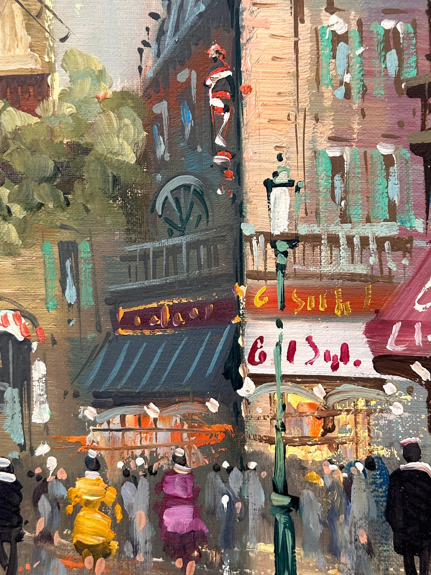 
Dans cette œuvre, l'artiste dépeint son sujet de manière abstraite et impressionniste, capturant la scène de la rue animée des Cafés avec le Moulin Rouge représenté au loin. L'artiste a principalement utilisé l'huile avec un couteau à palette, avec