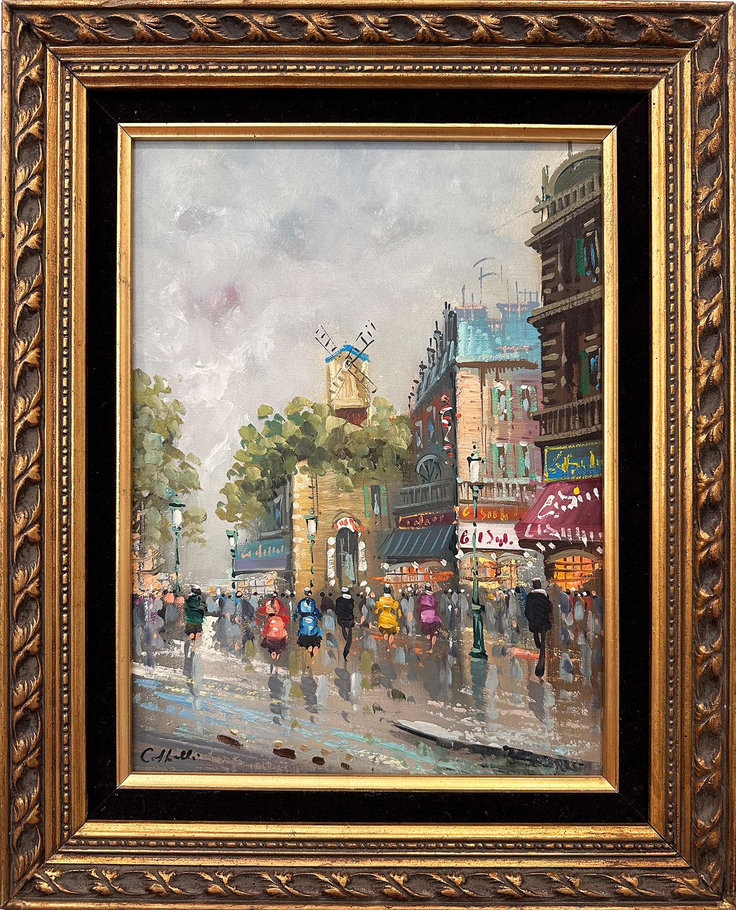 Figurative Painting Unknown - Peinture à l'huile sur toile post-impressionniste du 20e siècle - Scène de rue de café parisienne 