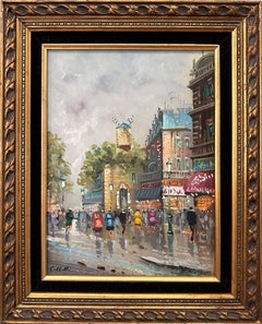Vintage "Parisian Cafe Street Scene" 20th Century Post-Impressionist Oil Paint Canvas 