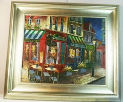 Scène de rue dans un café parisien, peinture à l'huile grand format, encadrée, années 1970