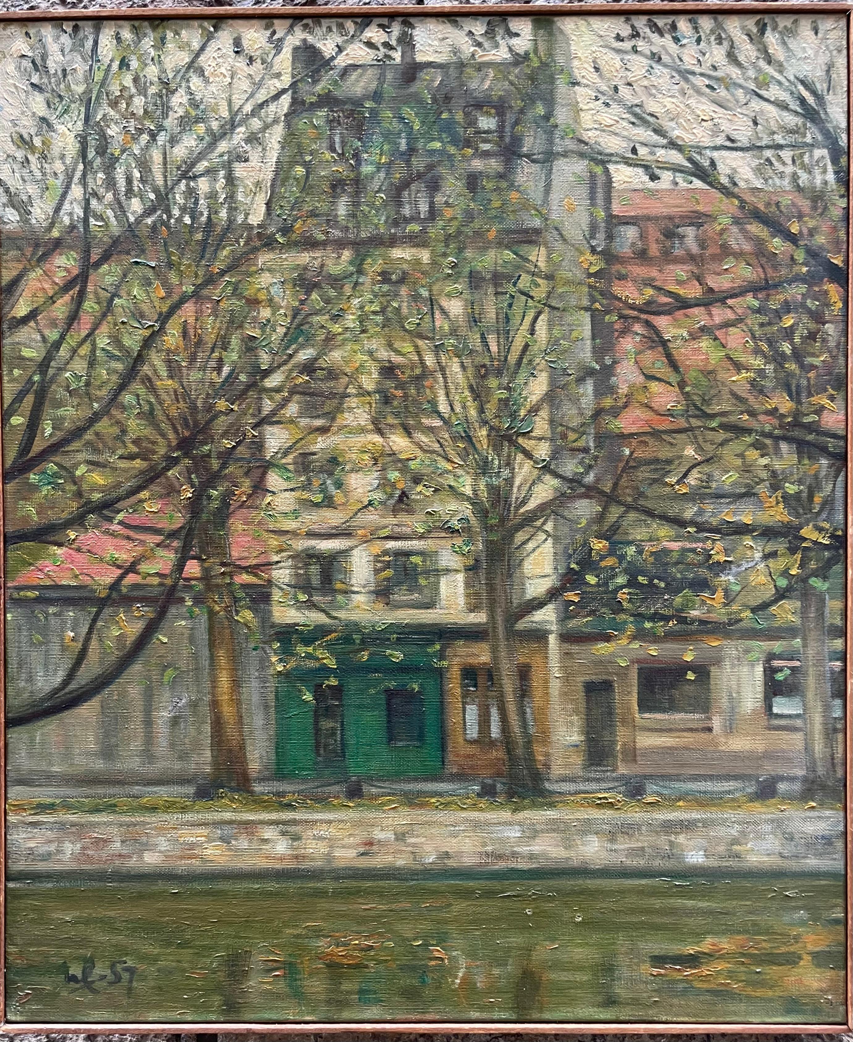 Maisons parisiennes sur le canal Saint-Martin - Vue urbaine, signé Daté '57 en vente 6