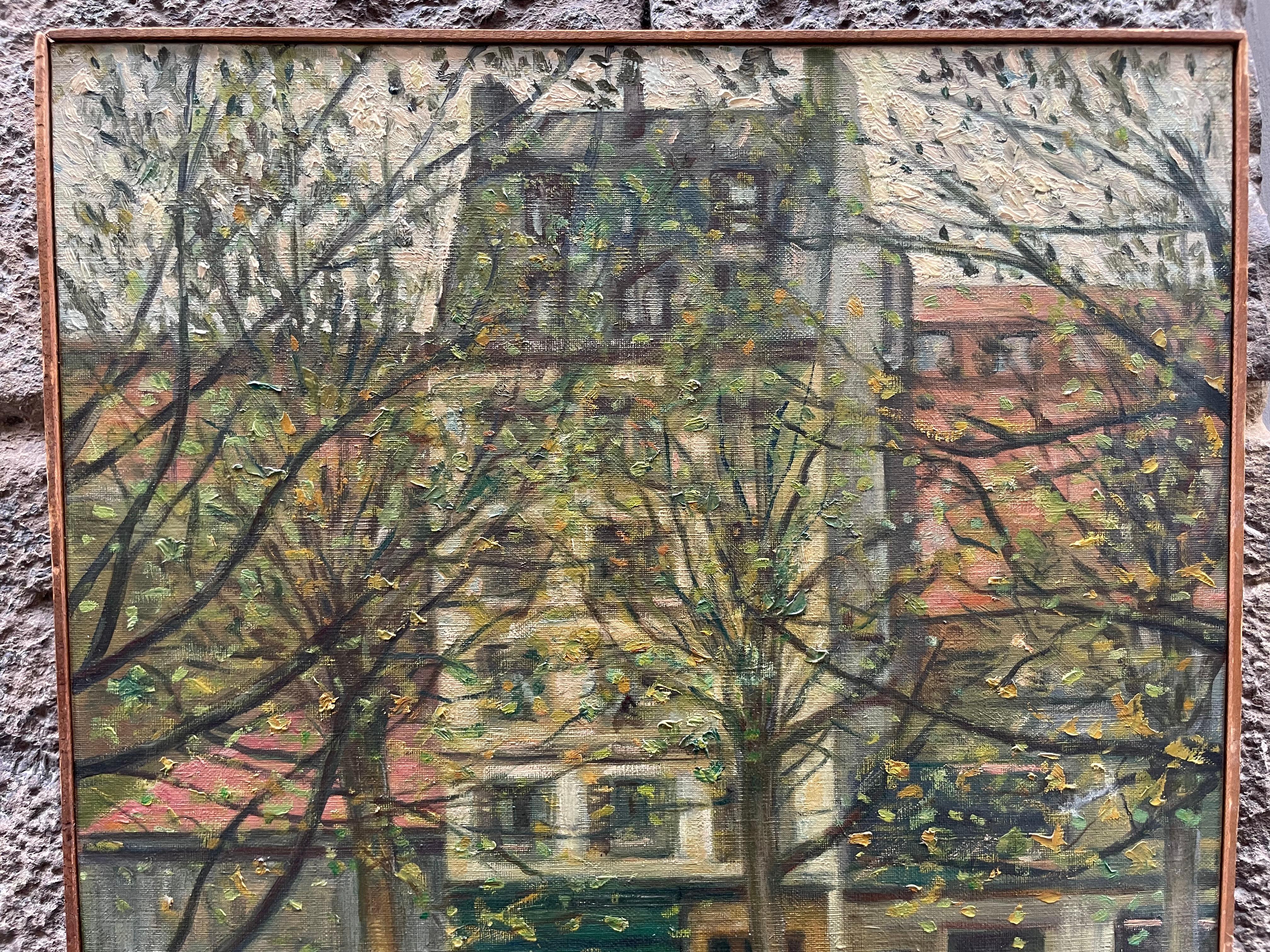 Maisons parisiennes sur le canal Saint-Martin - Vue urbaine, signé Daté '57 - Painting de Unknown