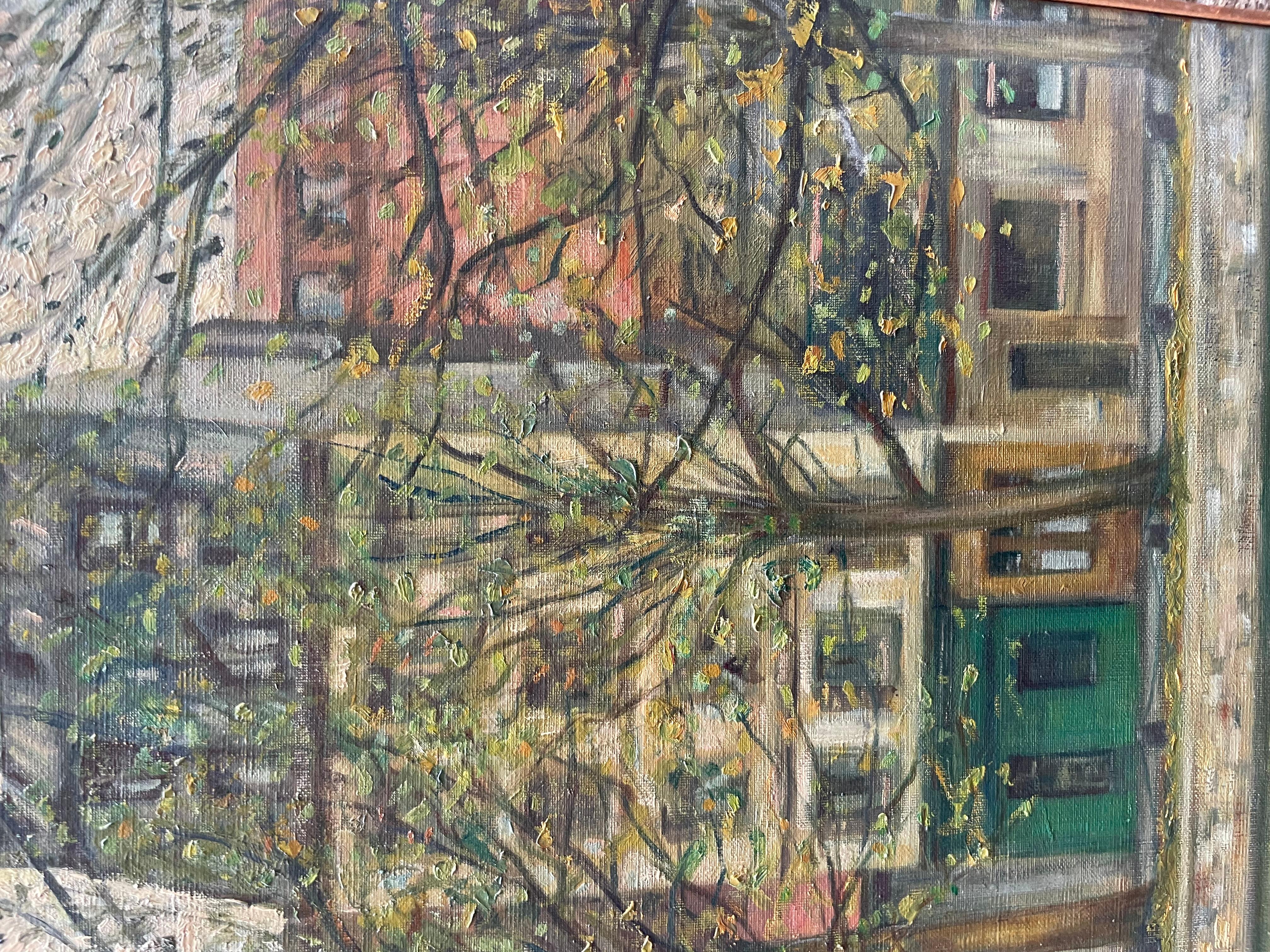 Maisons parisiennes sur le canal Saint-Martin - Vue urbaine, signé Daté '57 - Impressionnisme Painting par Unknown