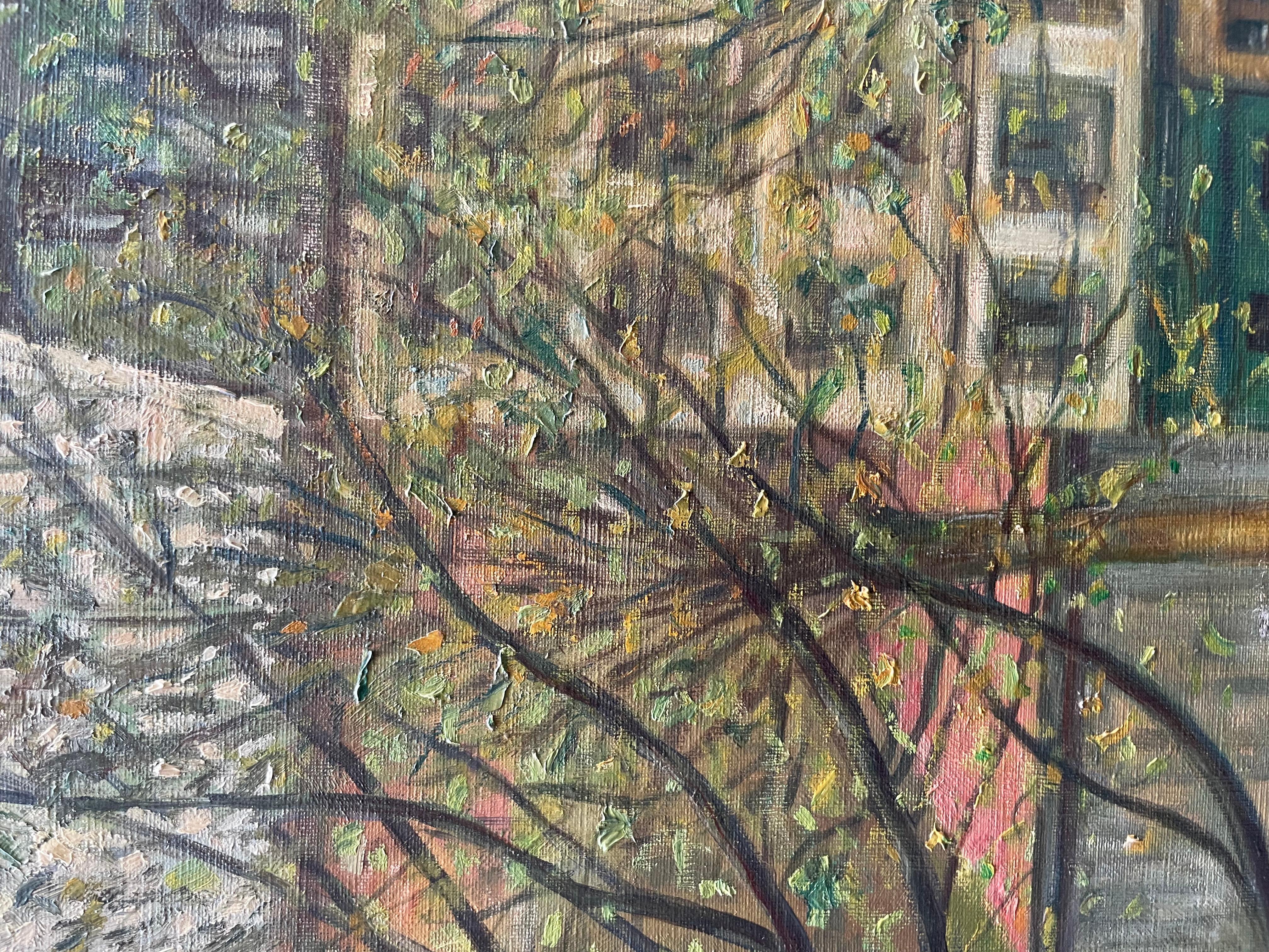 Maisons parisiennes sur le canal Saint-Martin - Vue urbaine, signé Daté '57 - Gray Landscape Painting par Unknown