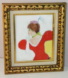 Parisian Lady in Red Dress, Vitreous Enamel on Copper, Framed, 1950s