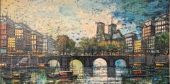 "Parisian Seine River Scene," Mid-Century Modern Urban Cityscape Painting