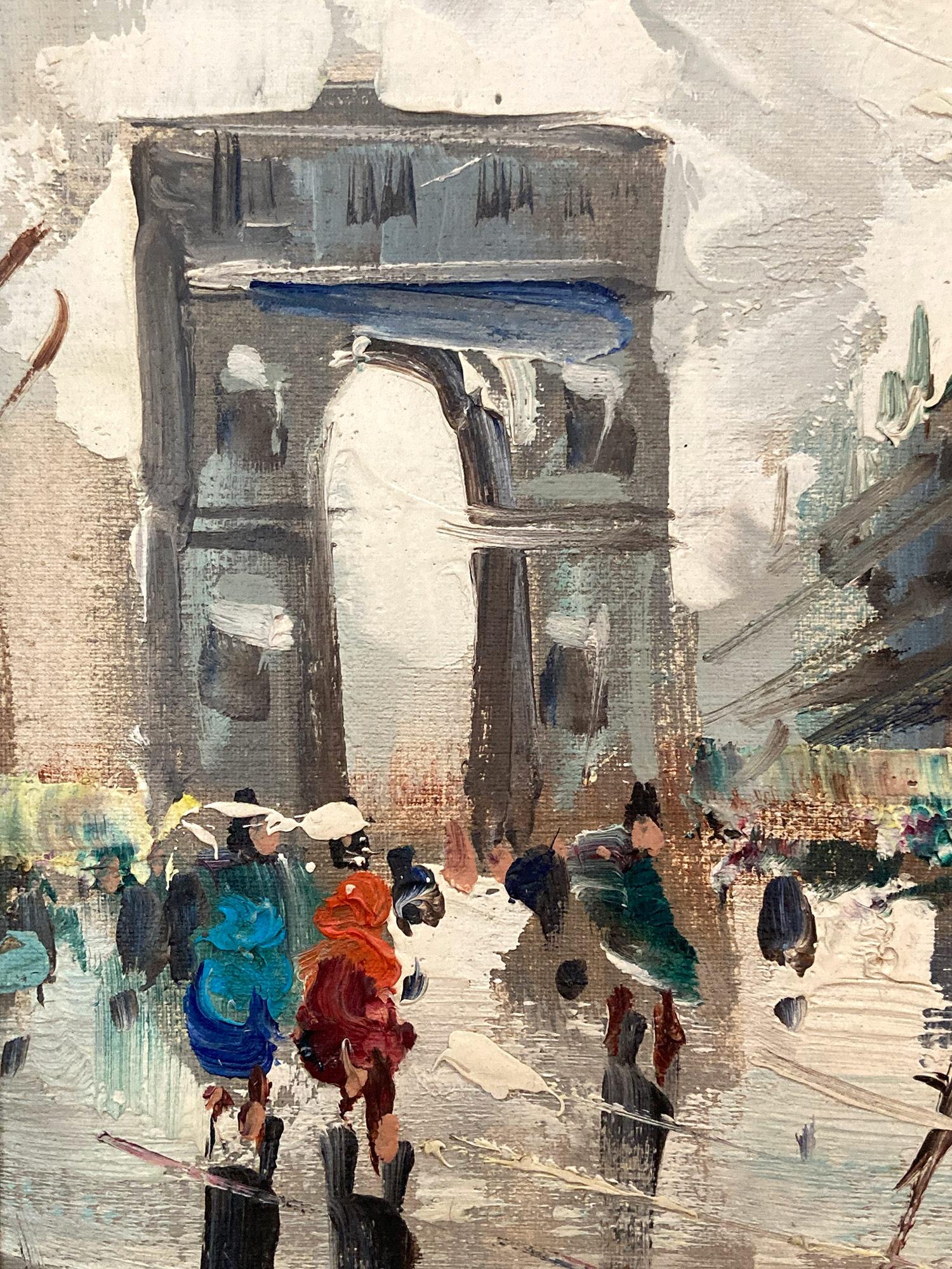 En esta obra, el artista representa su tema de forma abstracta e impresionista, plasmando con mucha vida la concurrida escena callejera del Arco del Triunfo del siglo XX. El artista utilizó principalmente óleo con espátula, con pintura empastada, y