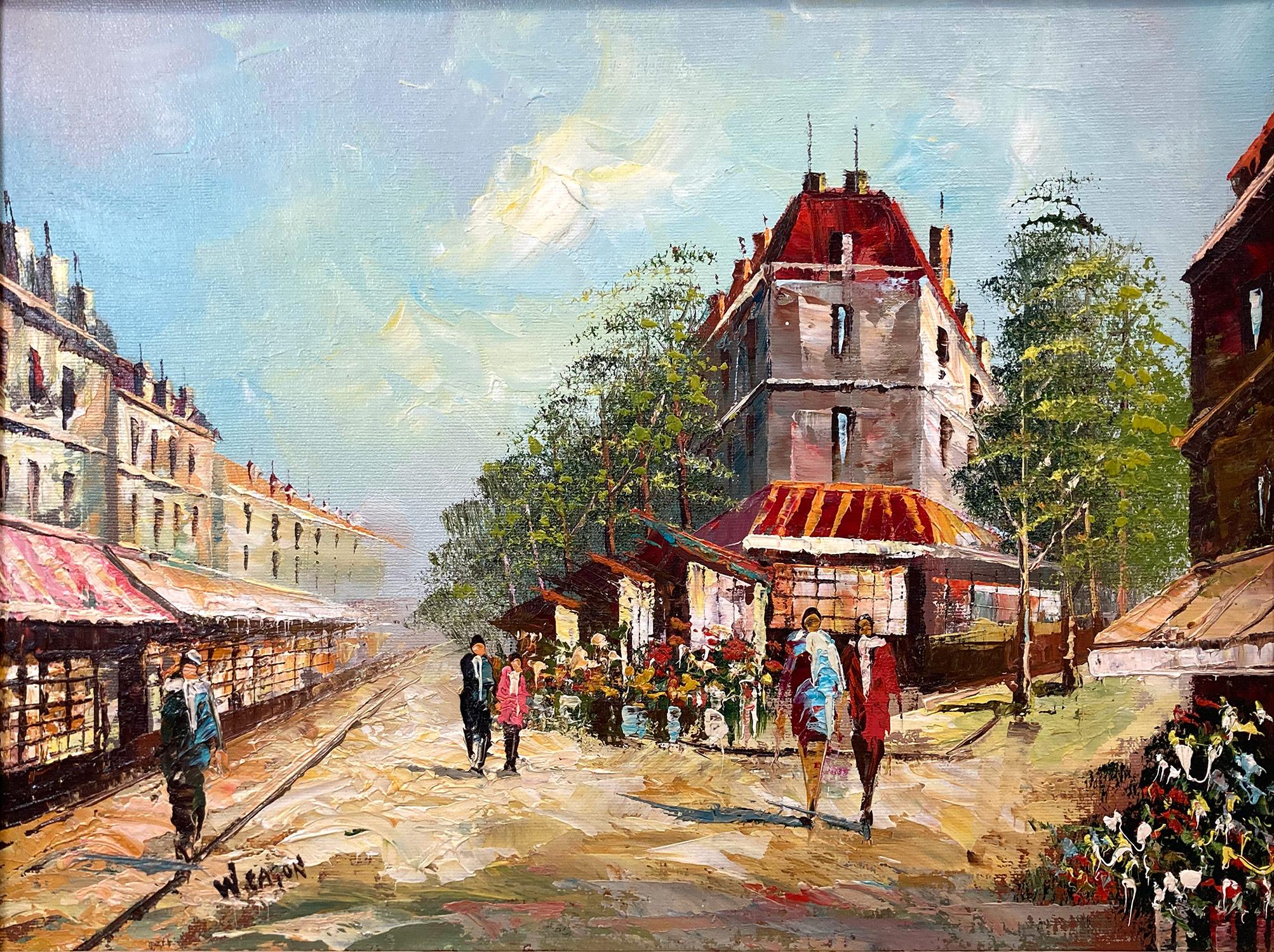 In this piece, the artist depicts his subject in an abstract and impressionistic way, capturing the streets of Paris in a whimsical way from the 20th Century with much life. The artist mostly used oil with a pallet knife, with impasto paint, and