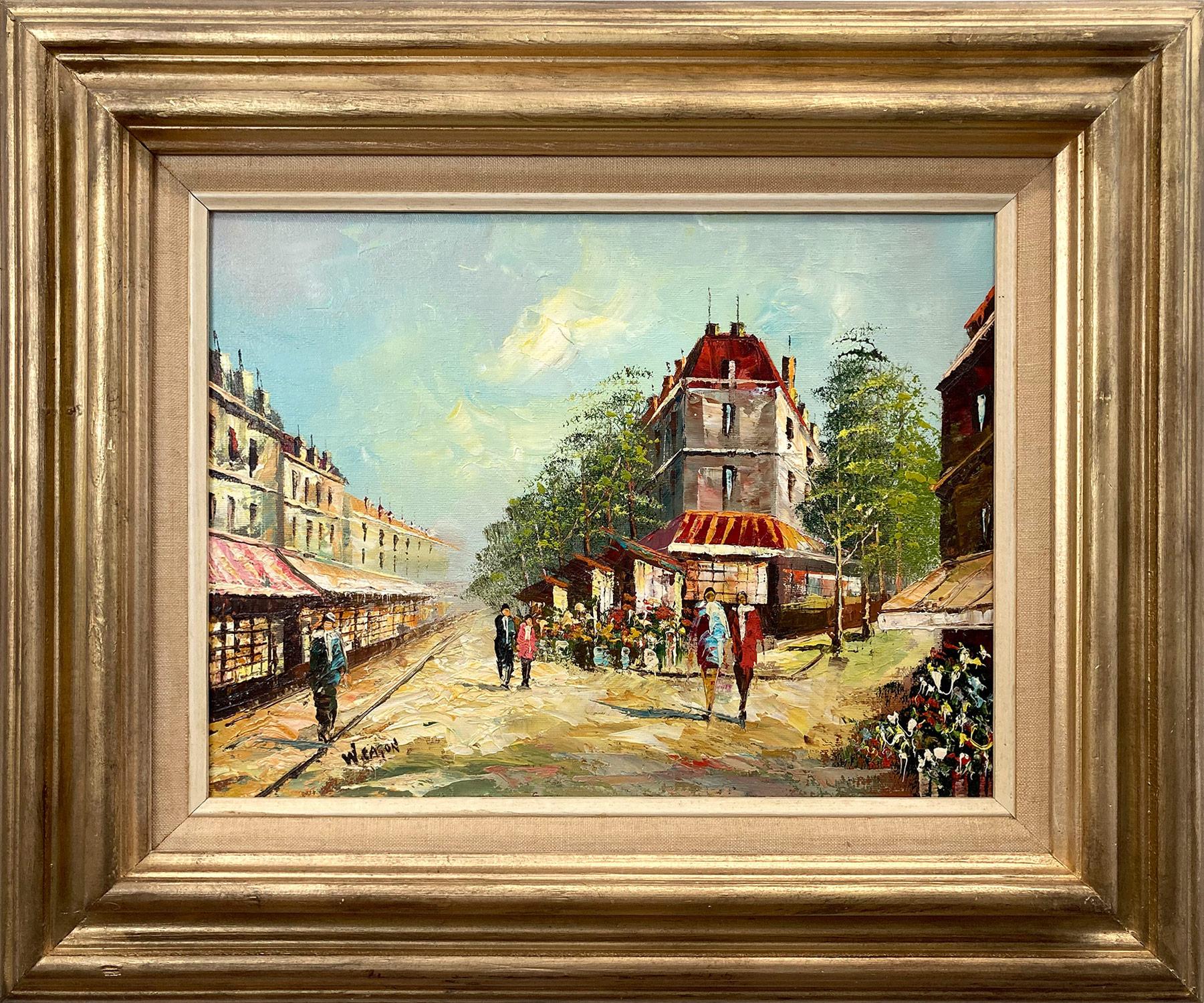 Unknown Figurative Painting - "Parisian Street Scene" French Impressionist of Paris with Figures Oil Painting 
