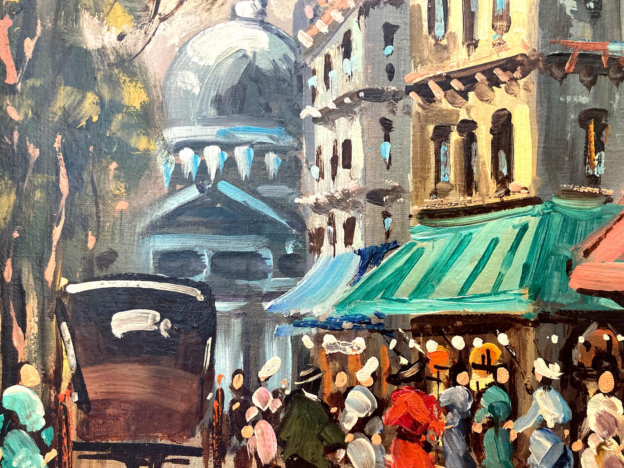 In this piece, the artist depicts his subject in a whimsical and impressionistic way, capturing the Cafés of the busy streets from the 20th Century with much life. In the distance we see Montmartre, it is primarily known for its artistic history,