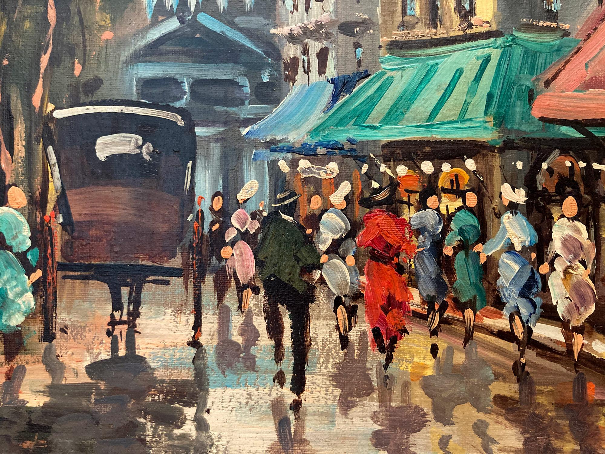 In this piece, the artist depicts his subject in a whimsical and impressionistic way, capturing the Cafés of the busy streets from the 20th Century with much life. In the distance we see Montmartre, it is primarily known for its artistic history,