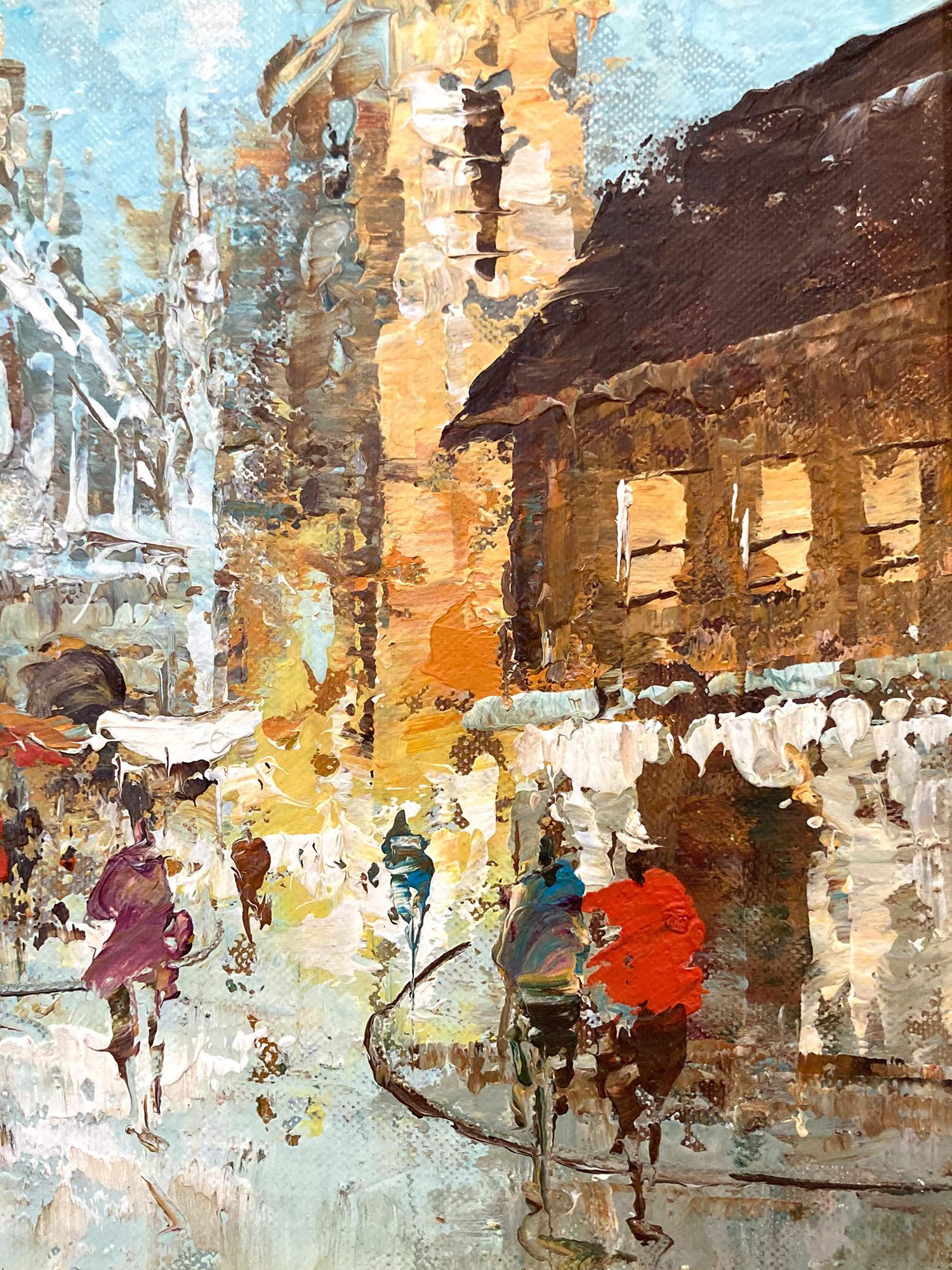 In this piece, the artist depicts his subject in a whimsical and impressionistic way, capturing the Church and the busy streets from the 20th Century with much life. The artist mostly used oil with a pallet knife, with impasto paint, and then by