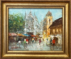 "Parisian Street Scene" Impressionist Oil Painting, Paris with Figures & Church