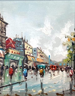 "Parisian Street Scene Moulin Rouge" Post-Impressionist Oil Paint on Canvas