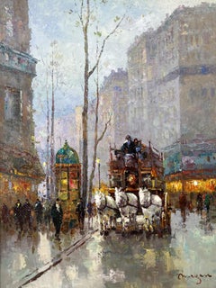 "Parisian Street Scene w Horse & Carriage" Post War Impressionist Oil Painting