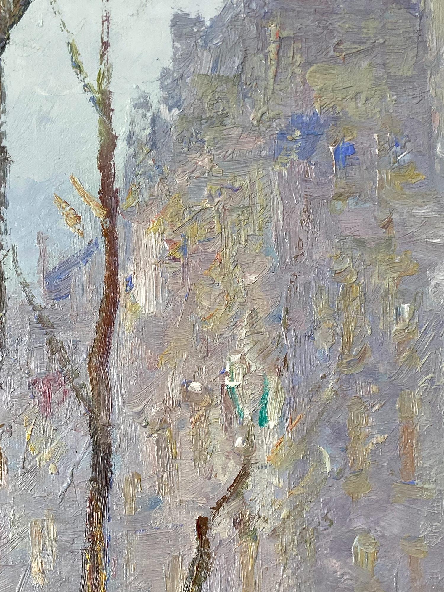Une peinture à l'huile magistrale représentant une vue de Paris au crépuscule. Cette pièce est un exemple pertinent des œuvres produites au cours du XXe siècle par l'artiste, avec l'utilisation de belles couleurs et de couches de peinture, donnant à