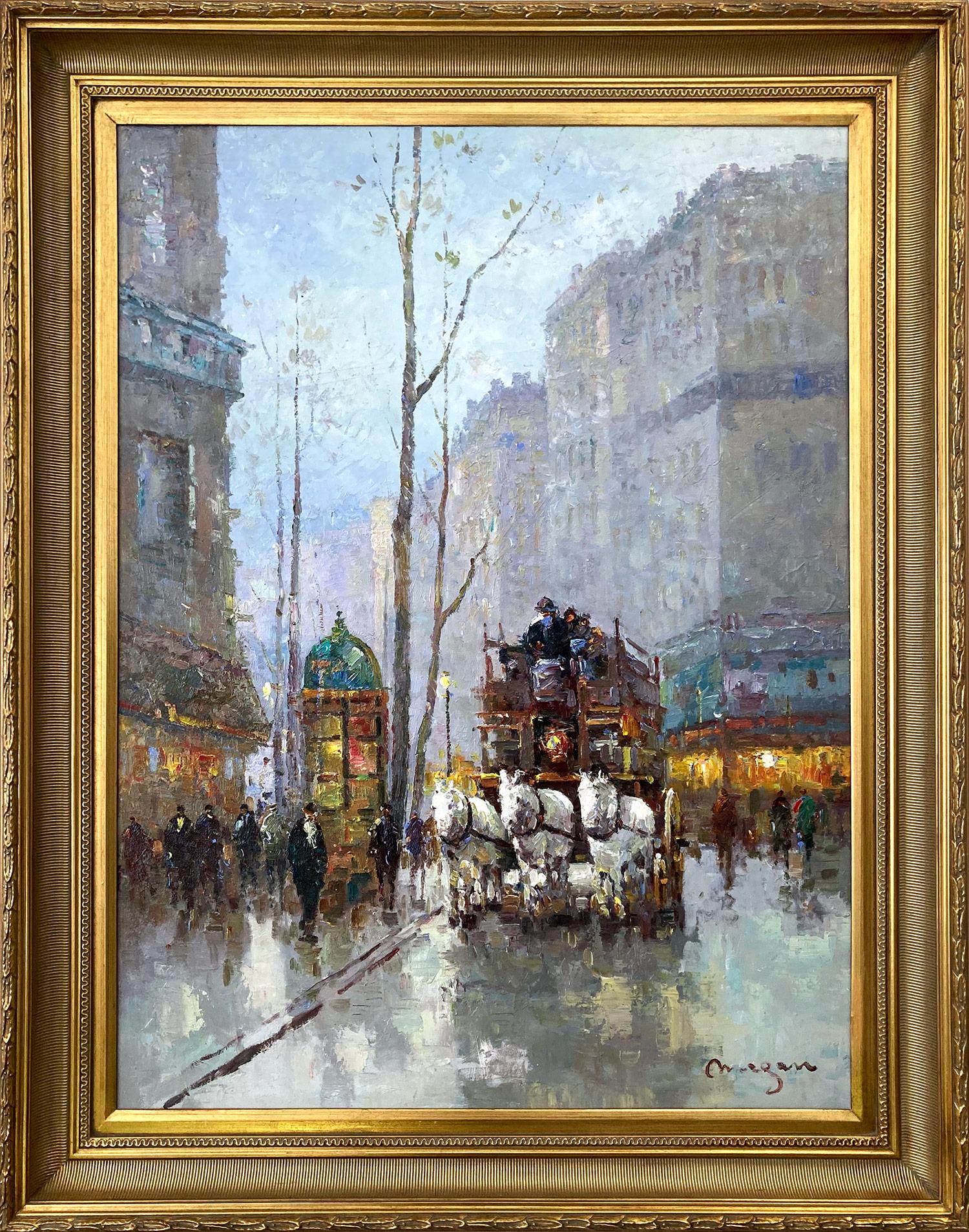 "Scena di strada parigina con cavallo e carrozza" Pittura a olio impressionista del dopoguerra
