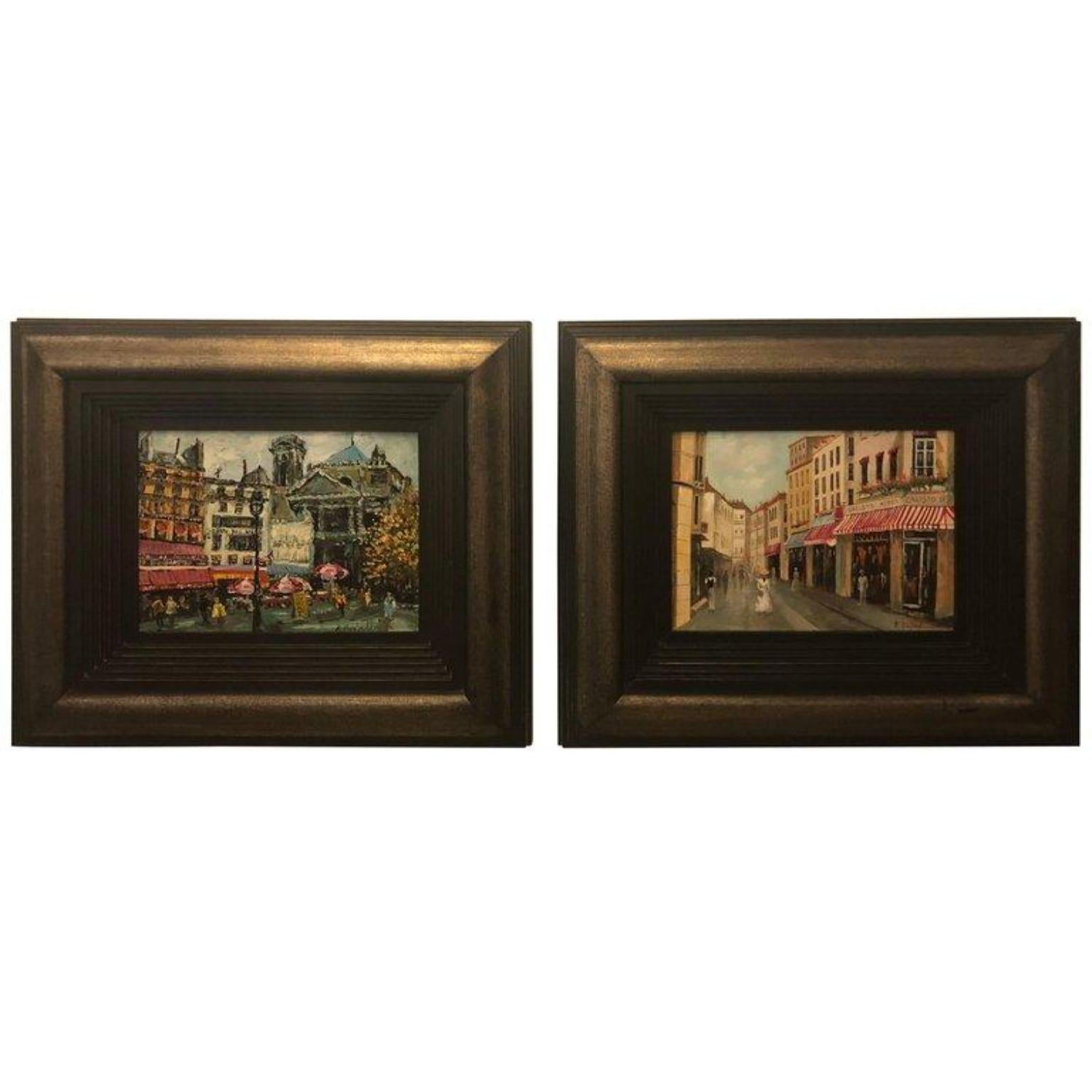 Unknown Landscape Painting - Parisian Street Scenes Oil on Canvas Painting Signed R. Roywilsens, a Pair 