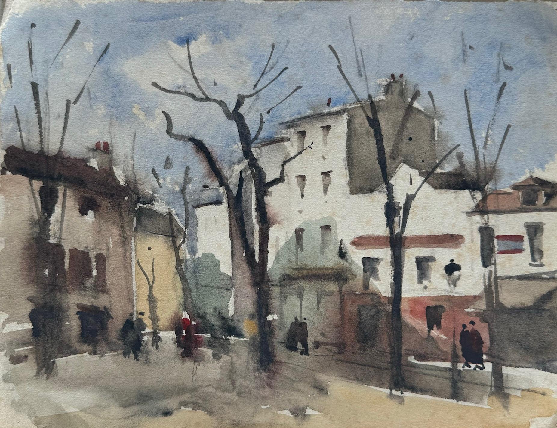 Unknown Still-Life Painting - Parisian Stroll, Mixed Media on Paper Colorful Paris City Scene