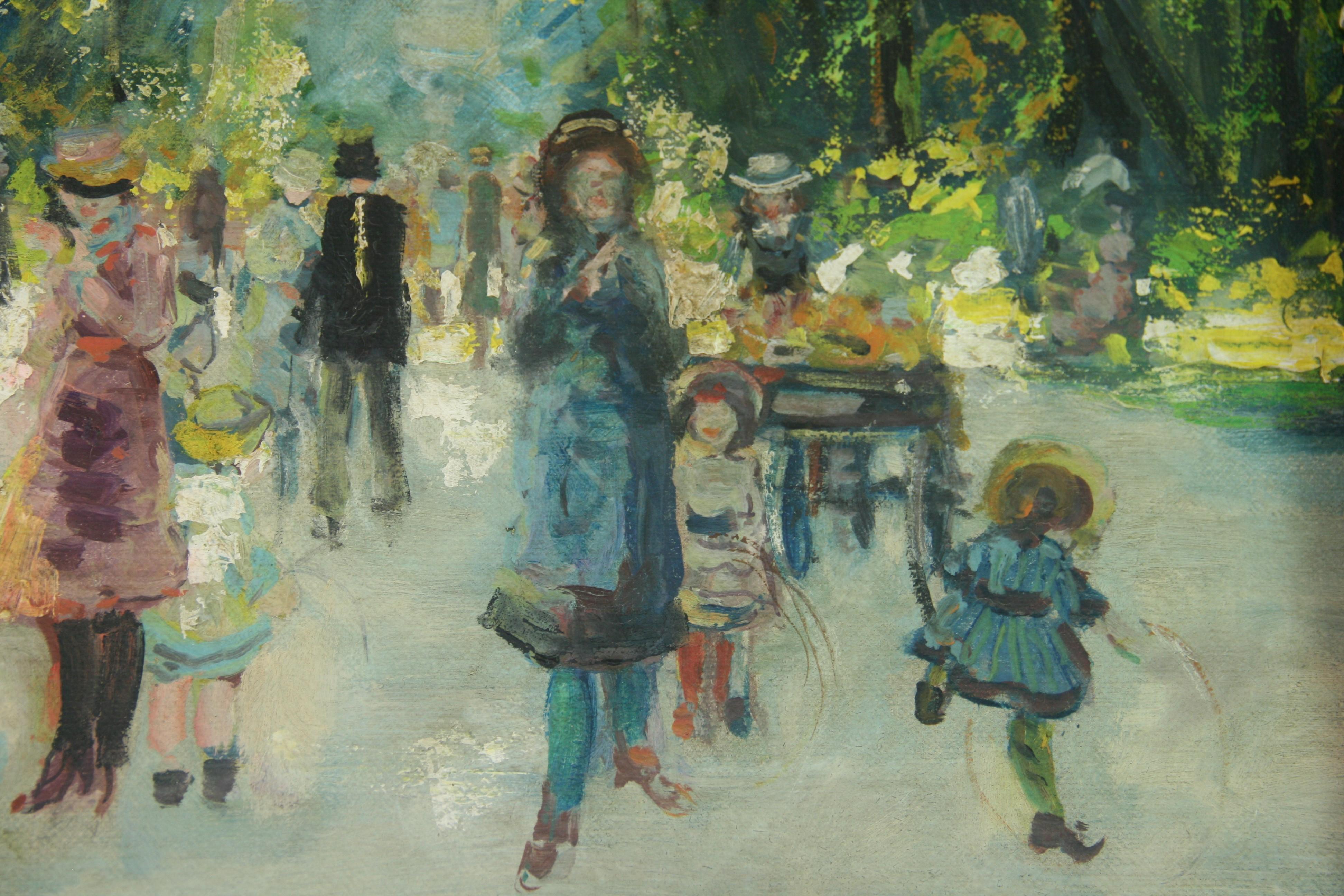 Parisians Strolling in The Park 1940's - Gray Figurative Painting by Unknown