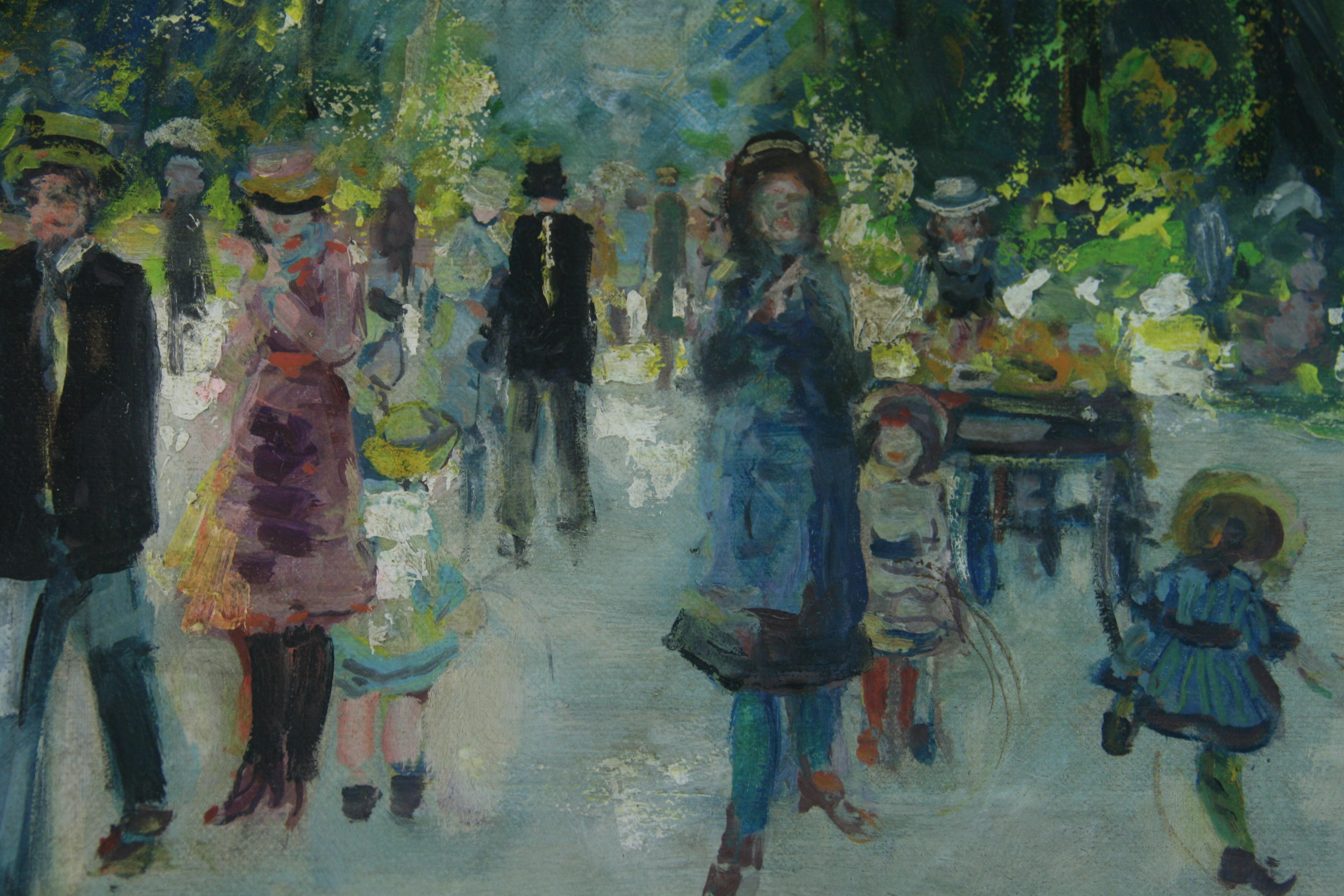 6069 Oil on canvas of Parisians strolling in the park set in a period frame
Image size 22.5x27.5