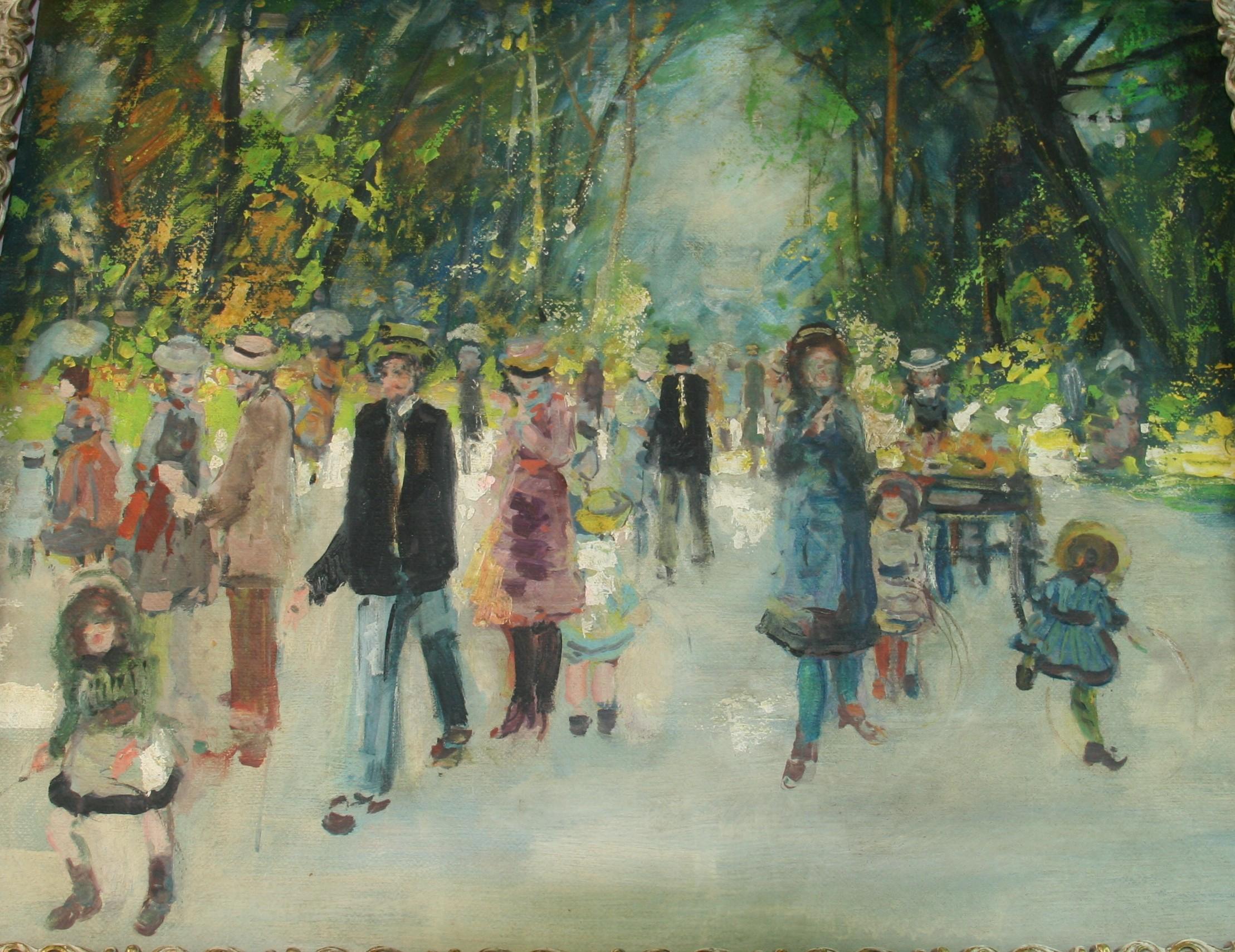Unknown Figurative Painting - Parisians Strolling in The Park 1940's