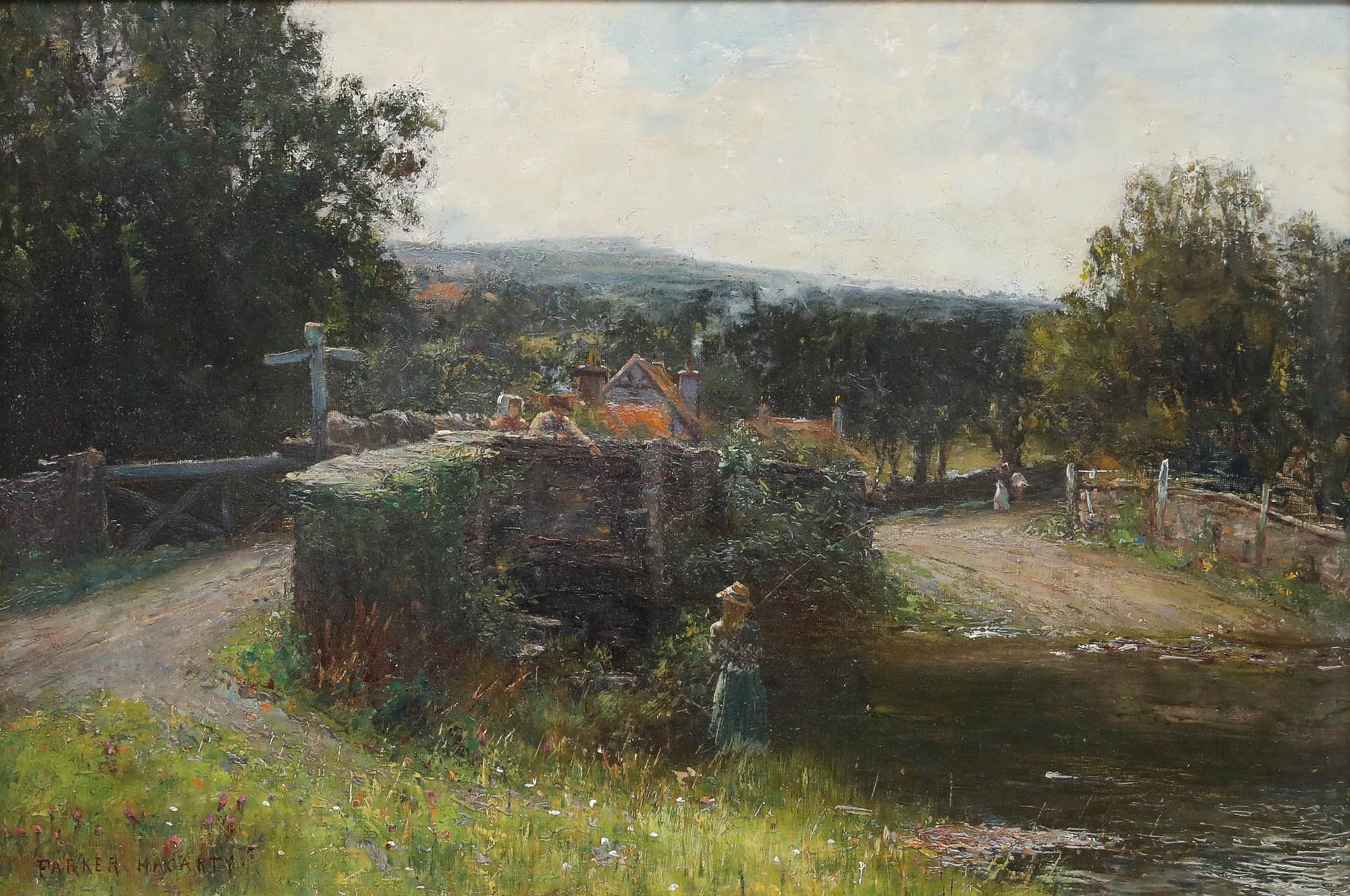 Parker Hagarty RCA (1859-1934) Anfang des 20. Jahrhunderts Öl, Angeln von der Brücke aus – Painting von Unknown