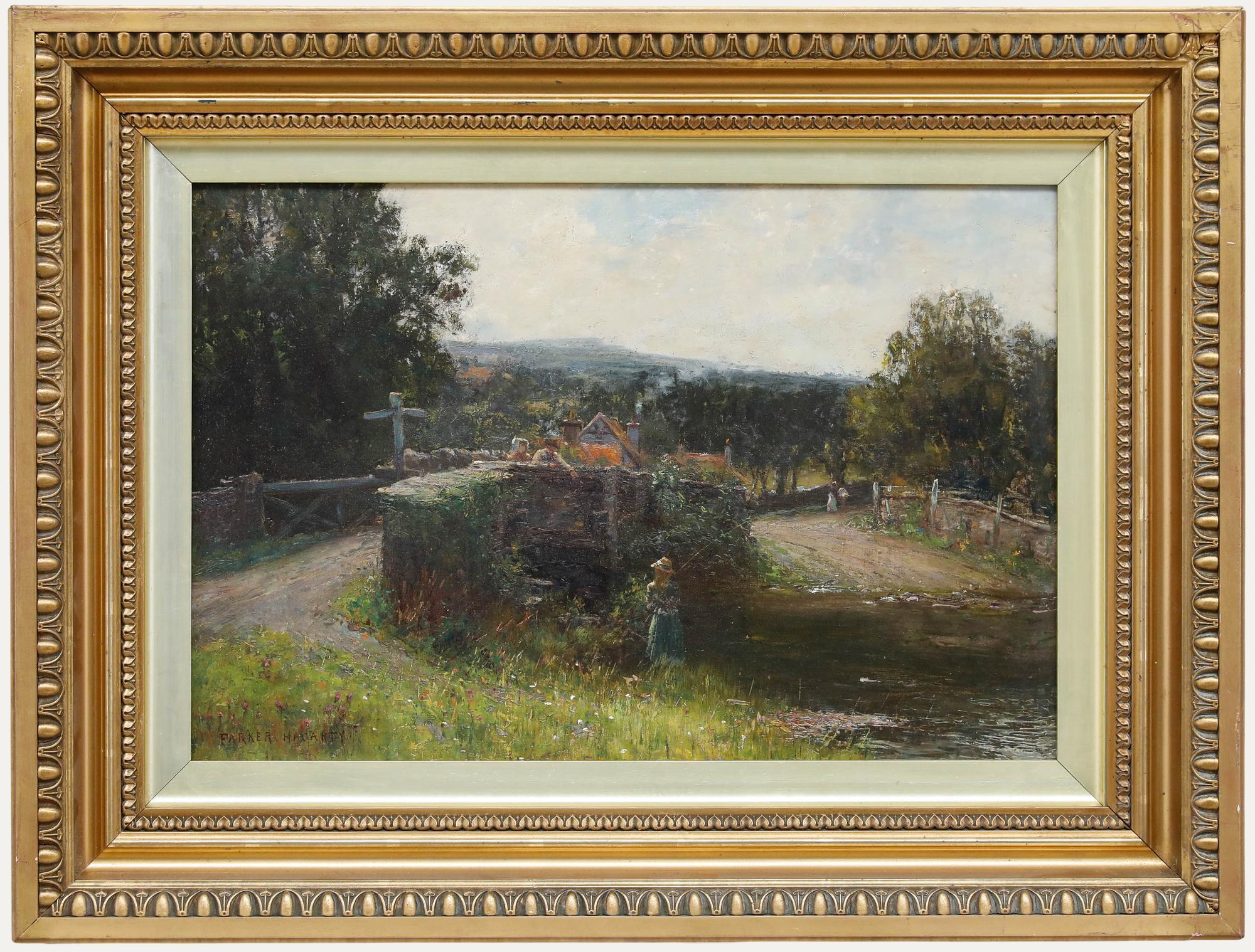 Unknown Landscape Painting – Parker Hagarty RCA (1859-1934) Anfang des 20. Jahrhunderts Öl, Angeln von der Brücke aus
