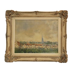 Pastel Blue and Green Toned Impressionist Landscape of Town and Church Painting