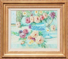 Pastel Toned Floral Still Life of Chrysanthemums in a Chinoiserie Ginger Jar