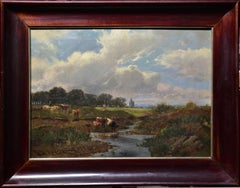Pastoral landscape Cows at watering hole Mid 19th century German animalist
