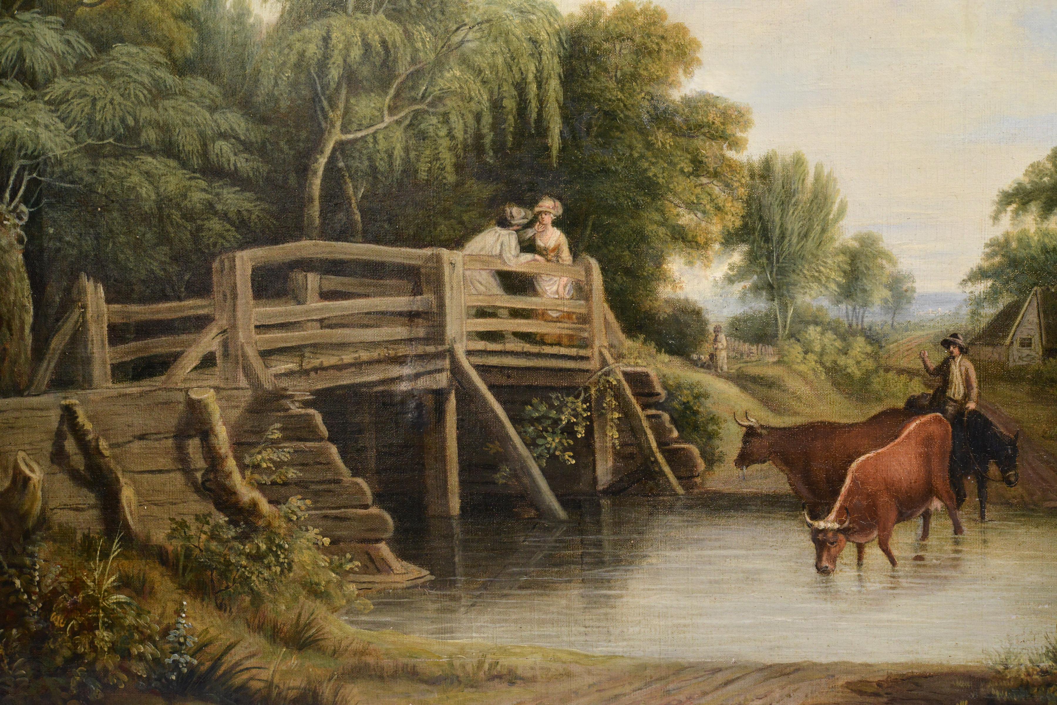 Pastoral Landscape Meeting on Bridge Early 19th century Oil Painting on Canvas - Brown Figurative Painting by Unknown