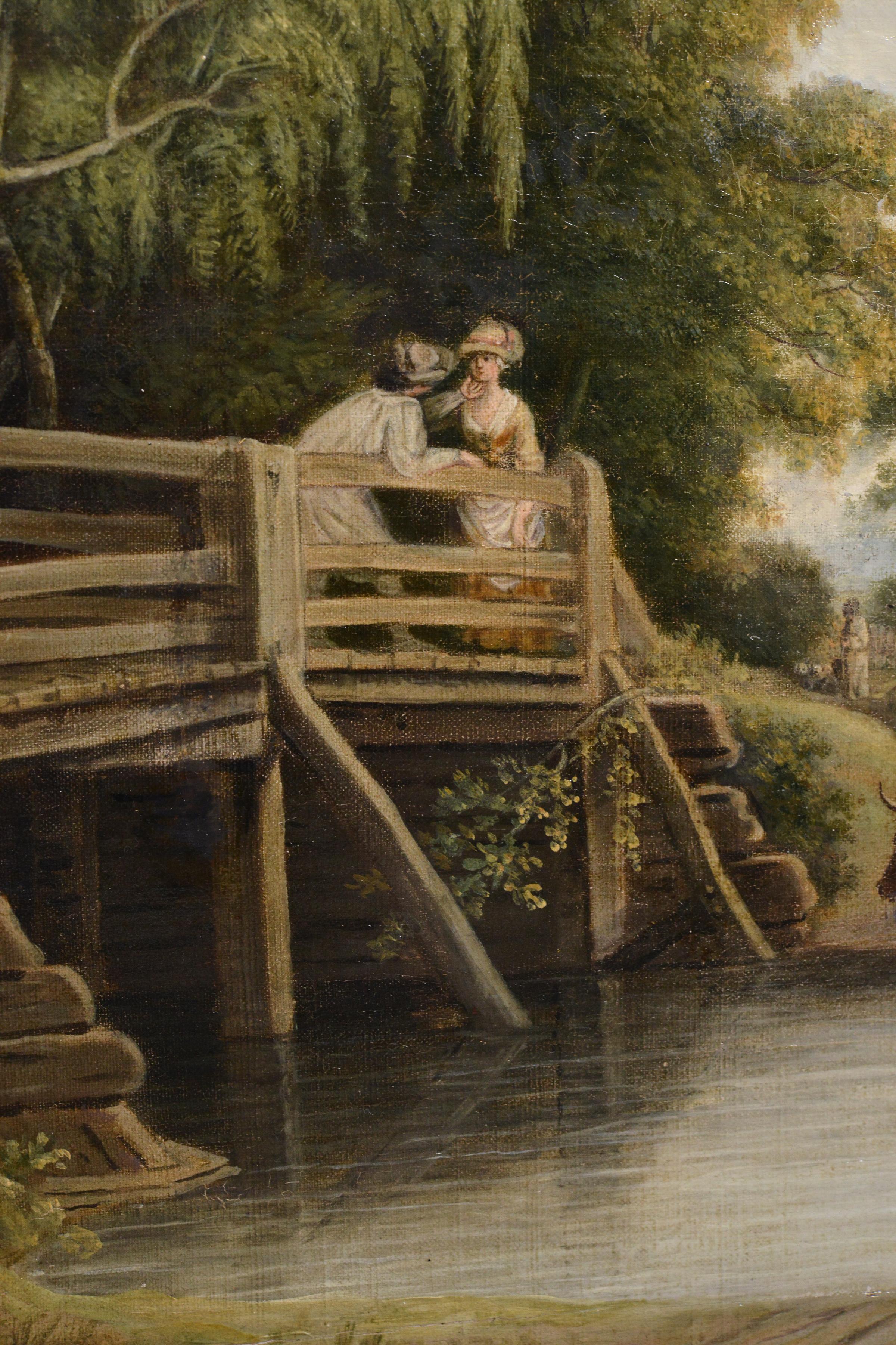 Pastoral Landscape Meeting on Bridge Early 19th century Oil Painting on Canvas For Sale 1