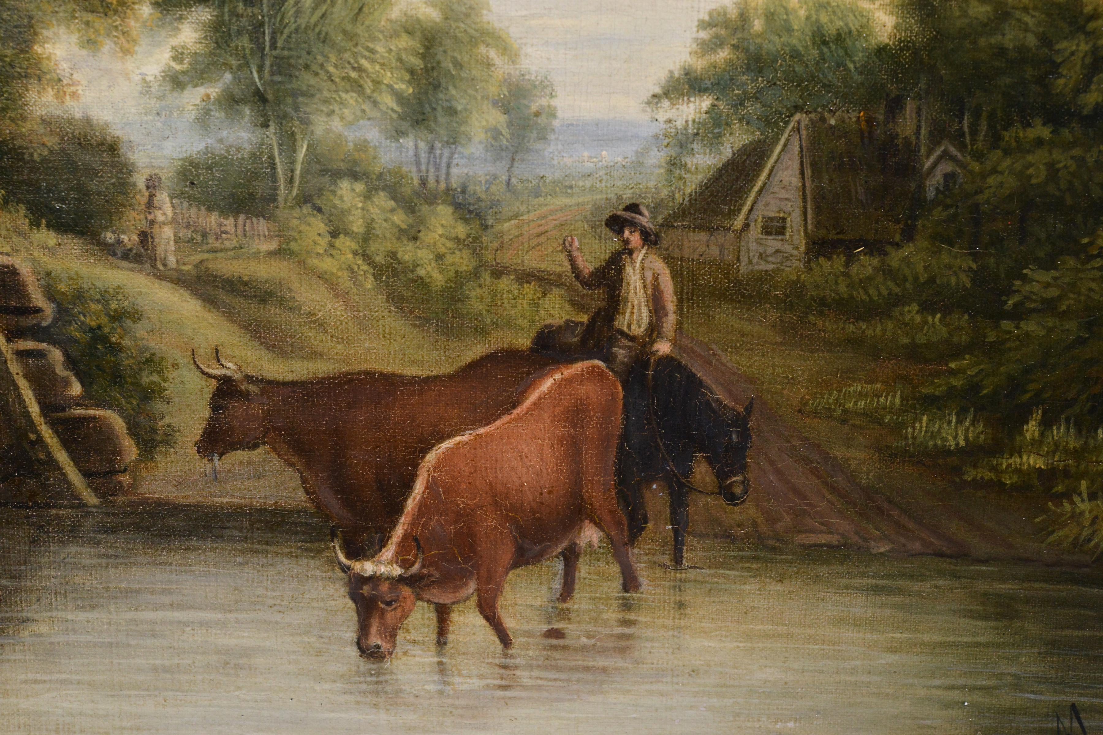 Pastoral Landscape Meeting on Bridge, Ölgemälde auf Leinwand, frühes 19. Jahrhundert (Braun), Figurative Painting, von Unknown