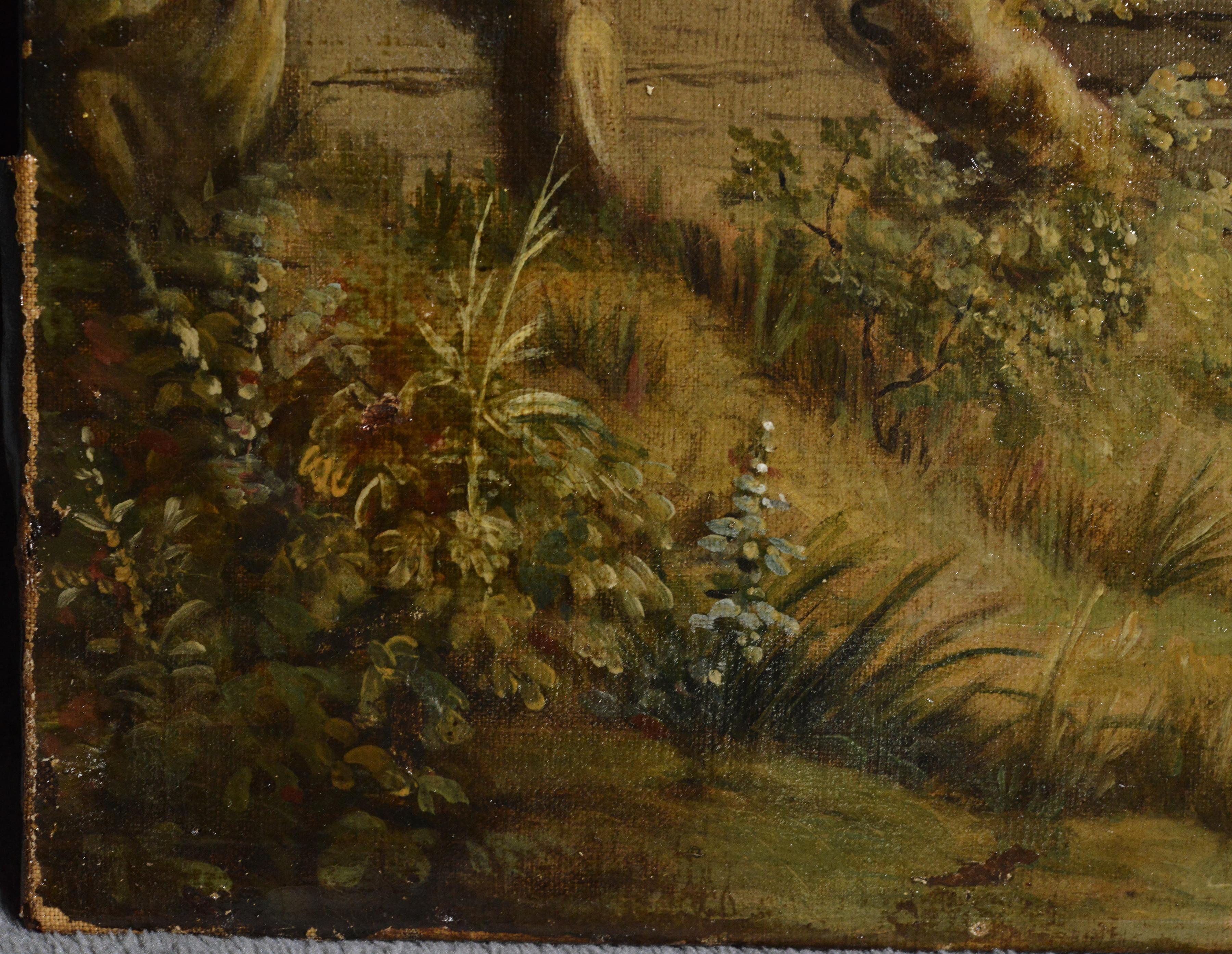Pastoral Landscape Meeting on Bridge, Ölgemälde auf Leinwand, frühes 19. Jahrhundert im Angebot 1