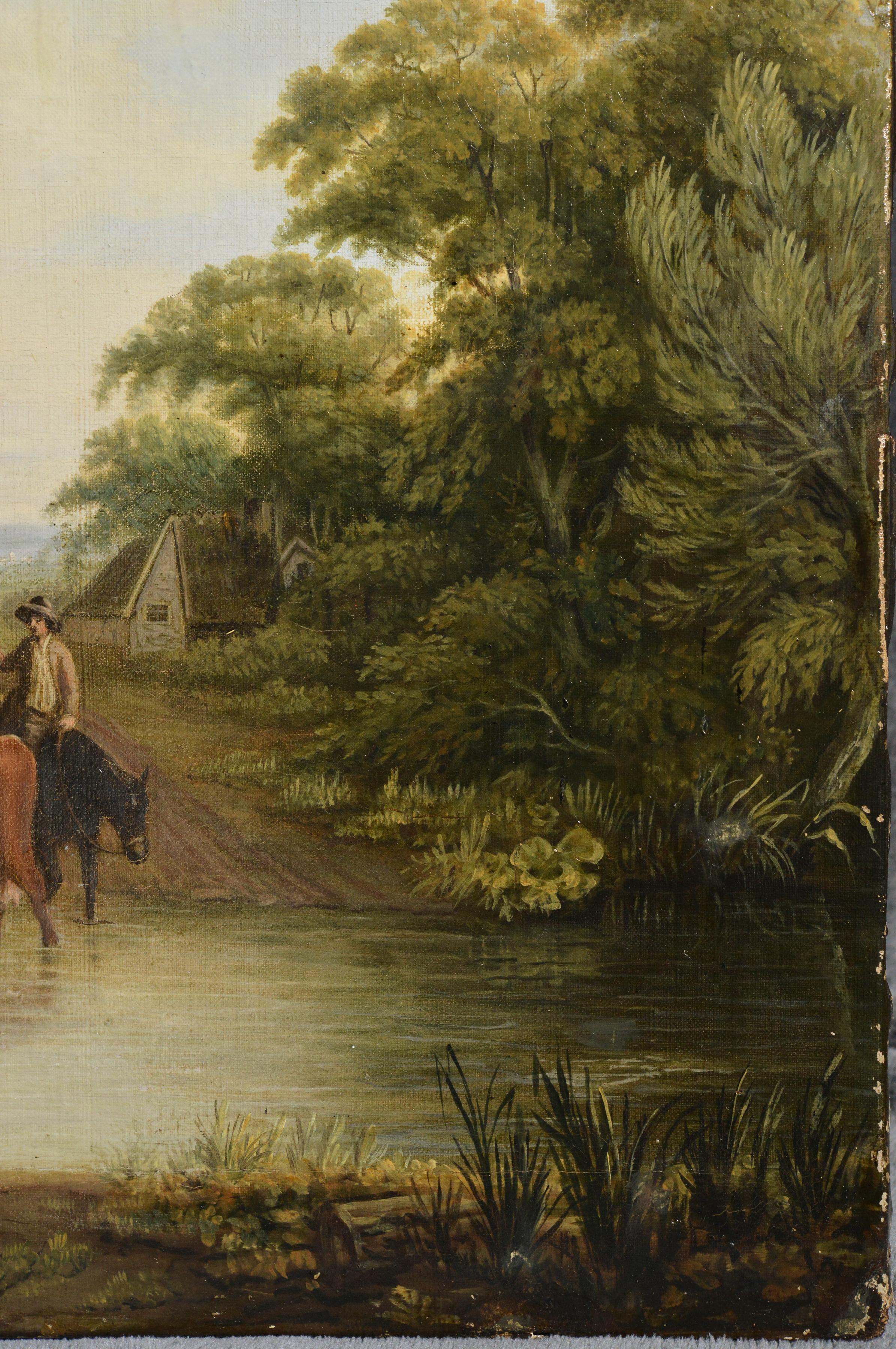 Pastoral Landscape Meeting on Bridge Early 19th century Oil Painting on Canvas For Sale 5