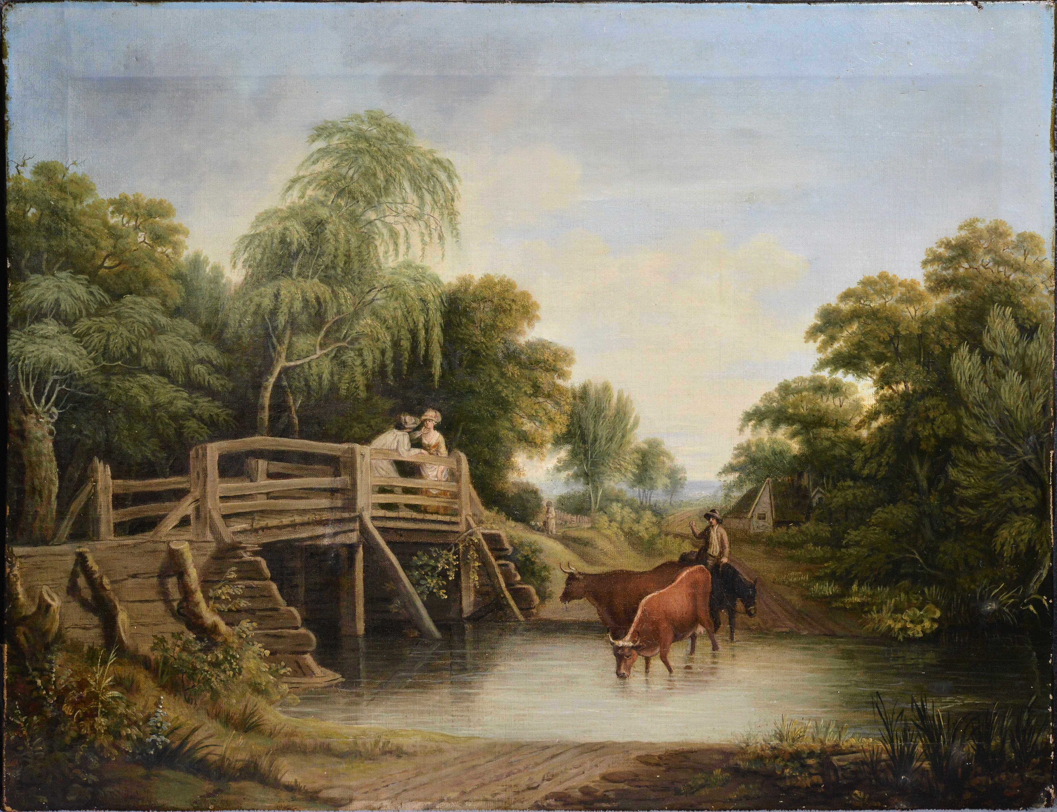 Unknown Figurative Painting – Pastoral Landscape Meeting on Bridge, Ölgemälde auf Leinwand, frühes 19. Jahrhundert
