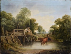 Antique Pastoral Landscape Meeting on Bridge Early 19th century Oil Painting on Canvas