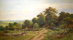 Pastoral panoramic landscape Shepherd with sheep Large oil painting by H. Lawson