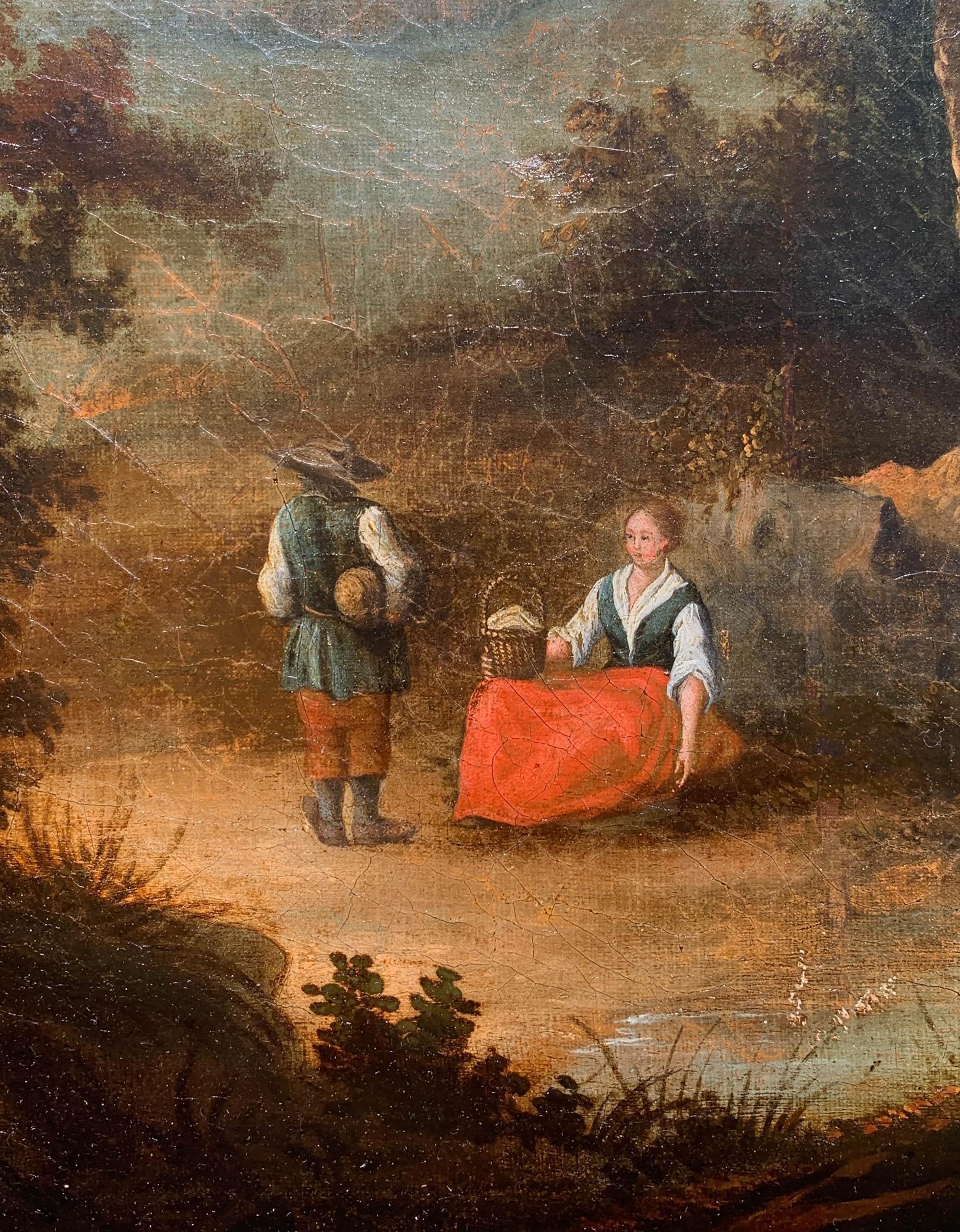 Pastorale Szene mit Mühle und Waldlandschaft, Mitte des 18. Jahrhunderts (Braun), Landscape Painting, von Unknown